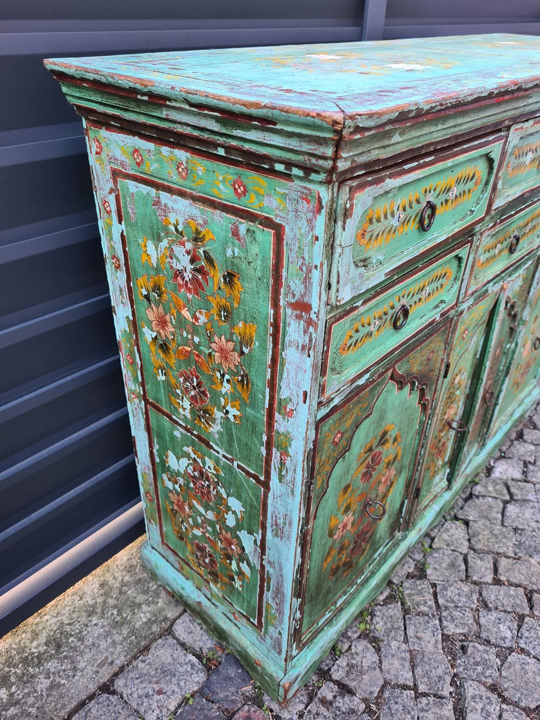 Sideboard Indian, turquoise-green, wood, metal, India, 1970s - 341618