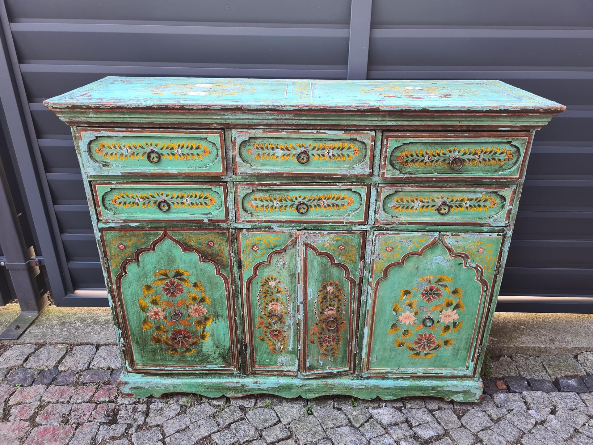 Sideboard Indian, turquoise-green, wood, metal, India, 1970s - 341621