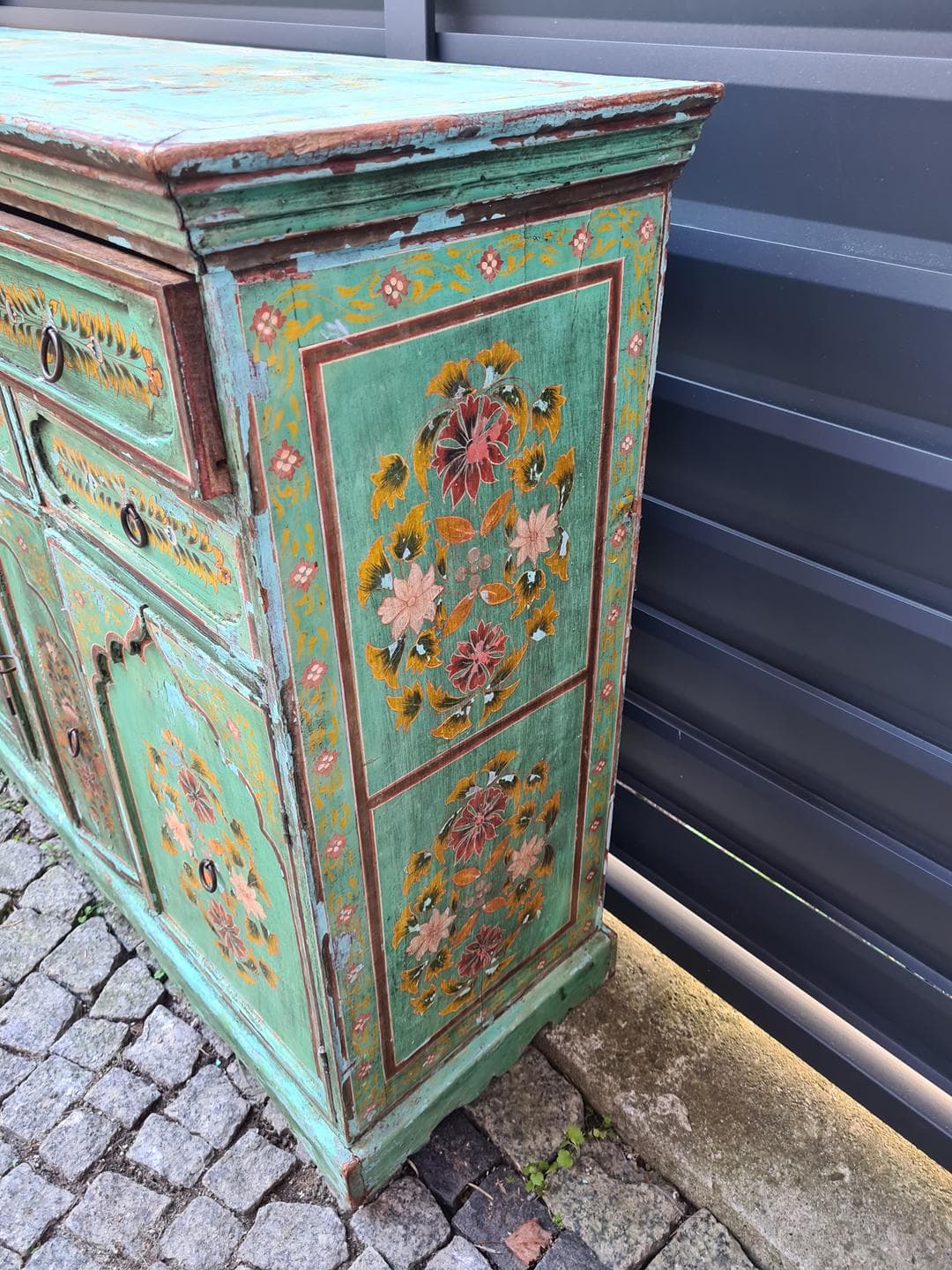 Sideboard Indian, turquoise-green, wood, metal, India, 1970s - 341615