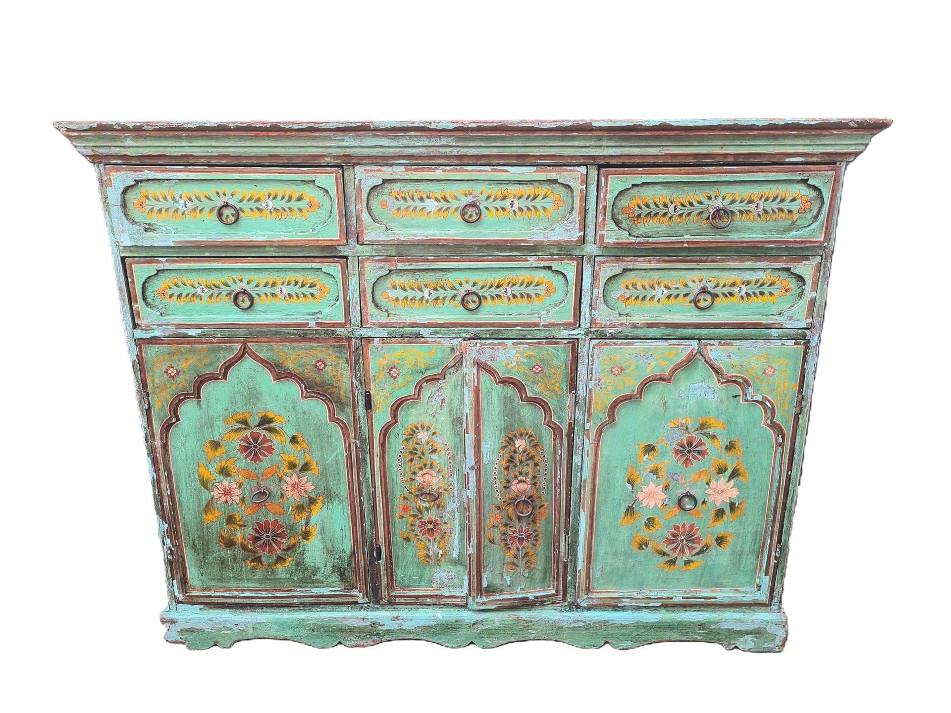 Sideboard Indian, turquoise-green, wood, metal, India, 1970s