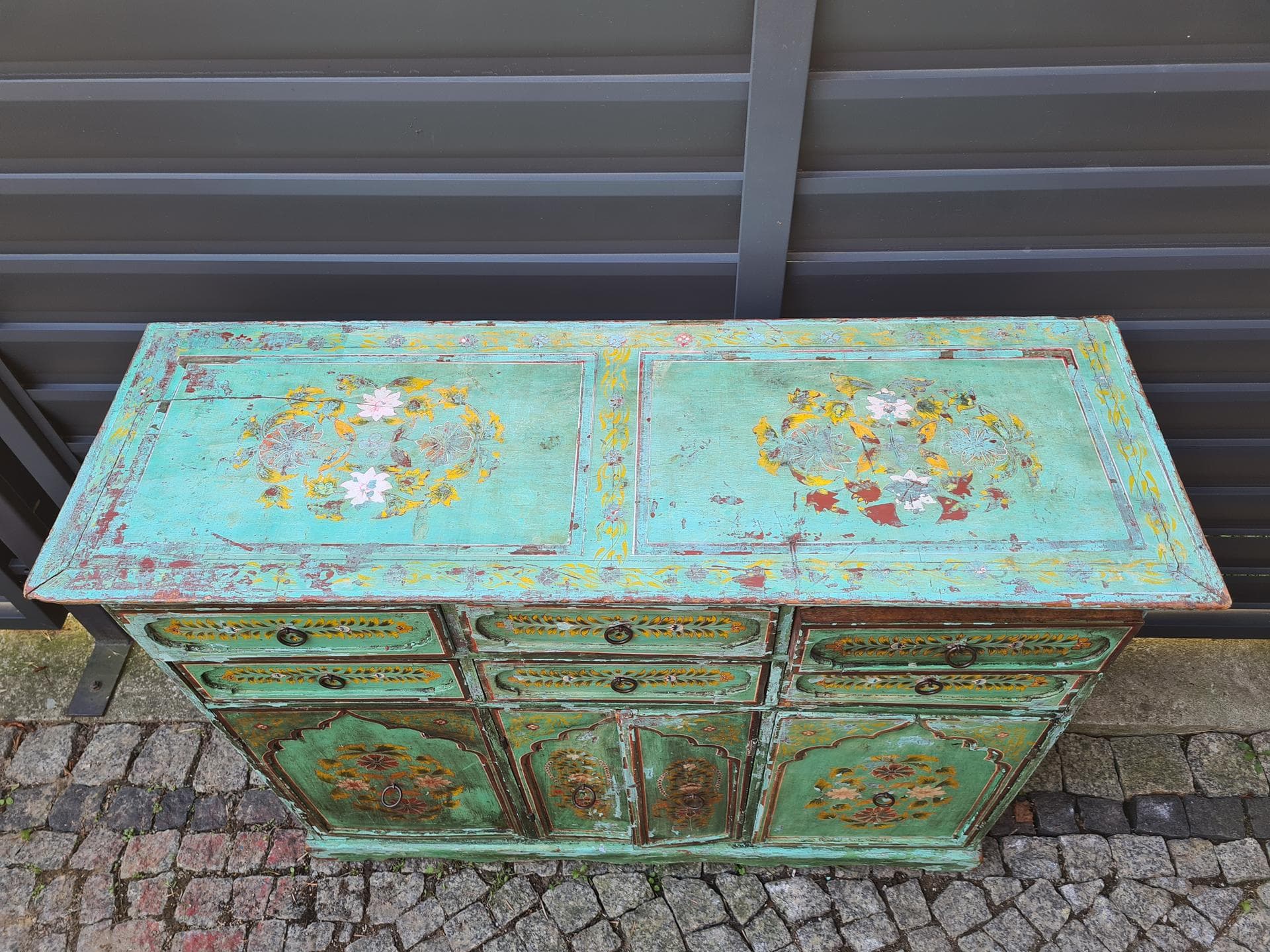 Sideboard Indian, turquoise-green, wood, metal, India, 1970s - 341619