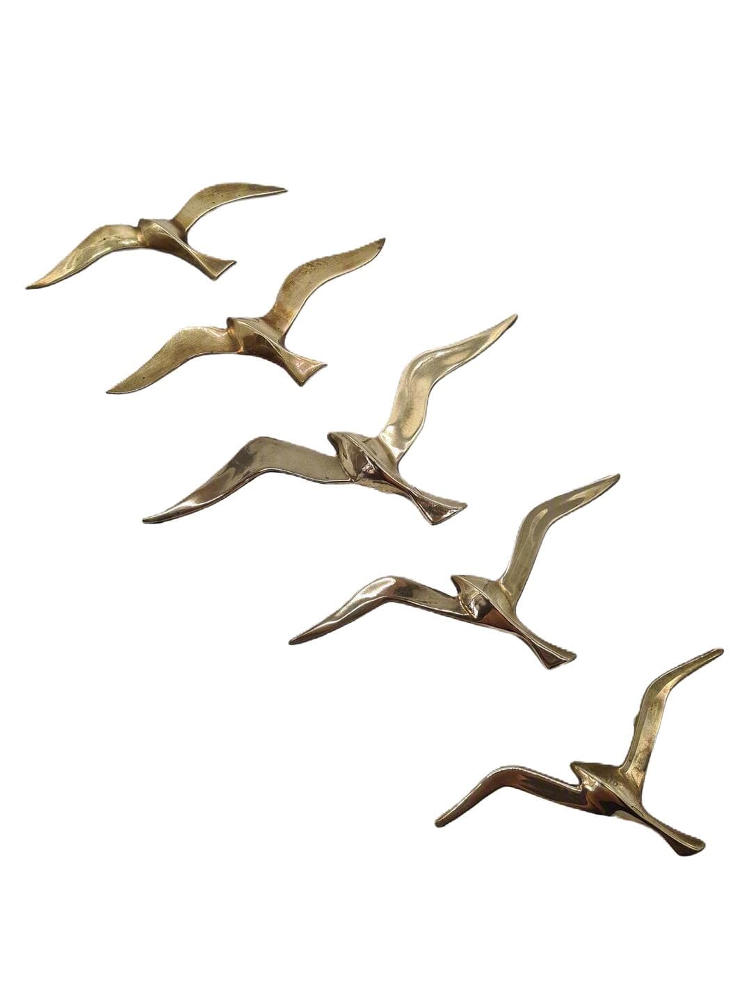 Set of Five Wall Sculptures, Modernist Seagulls, Gold Brass, Norway, 1970s
