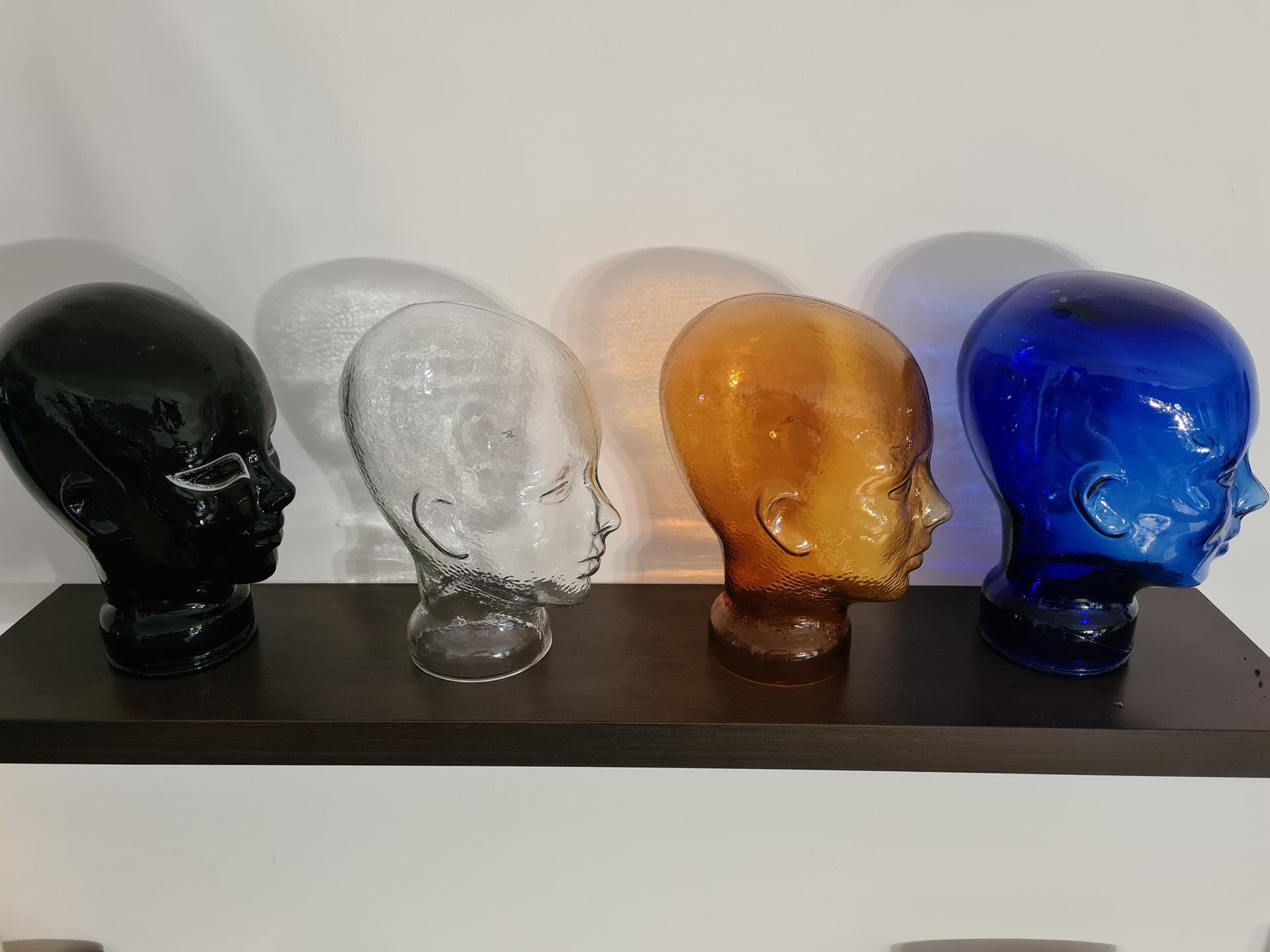 Set of Four Display Heads, black, clear, amber, cobalt, glass, 1970s - 341687