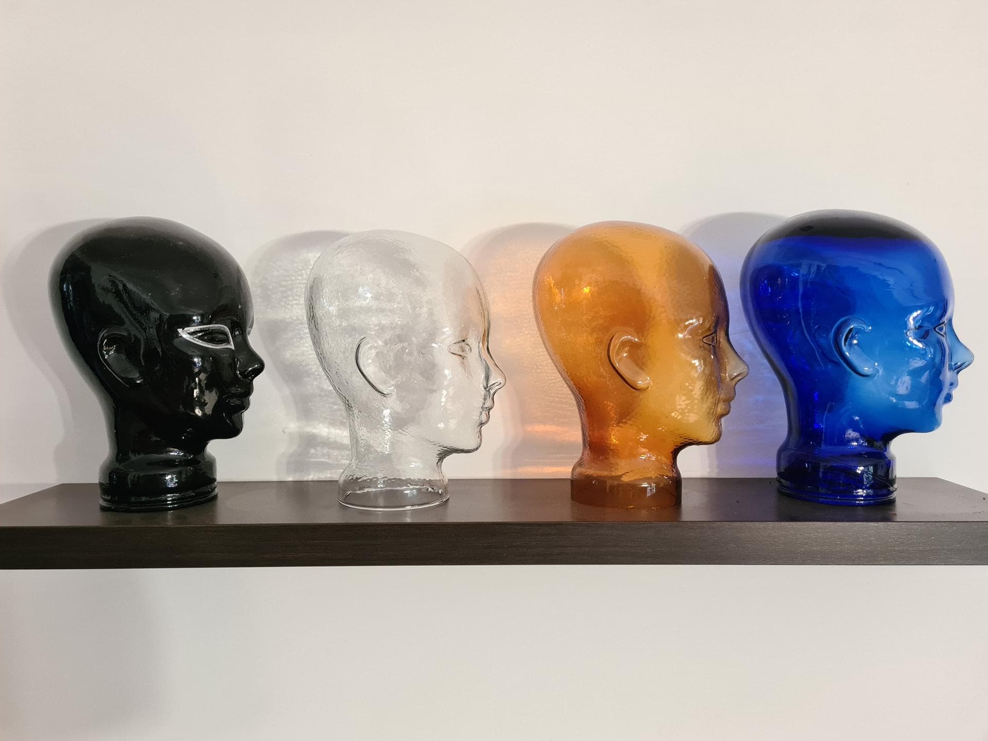 Set of Four Display Heads, black, clear, amber, cobalt, glass, 1970s - 341686