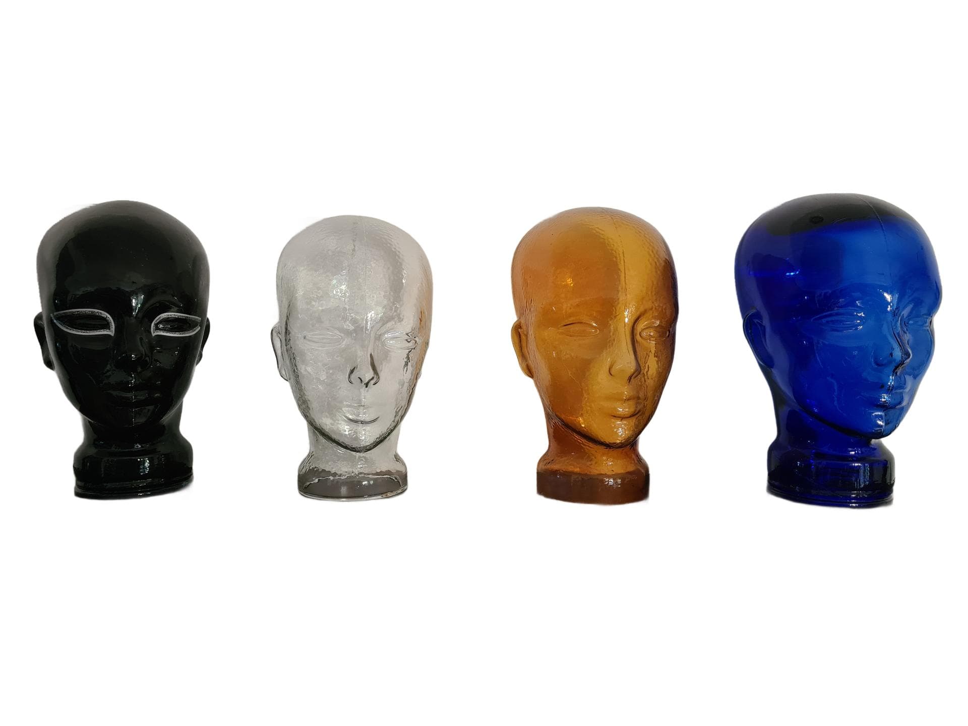Set of Four Display Heads, black, clear, amber, cobalt, glass, 1970s