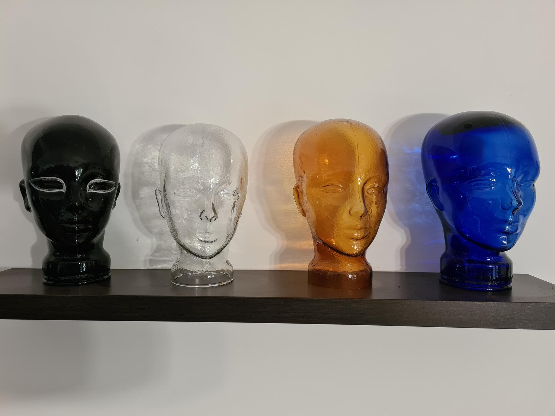 Set of Four Display Heads, black, clear, amber, cobalt, glass, 1970s - 341677