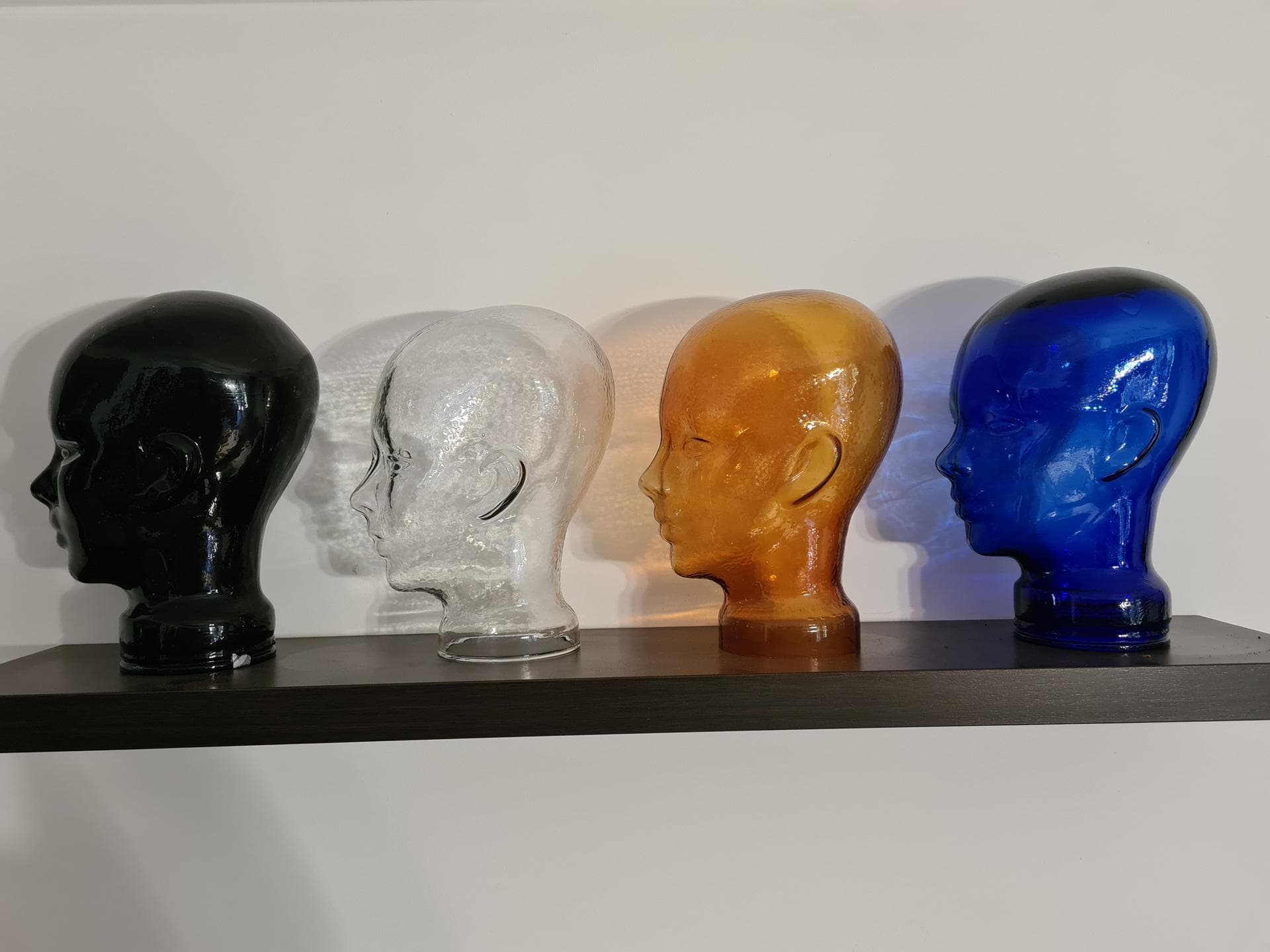 Set of Four Display Heads, black, clear, amber, cobalt, glass, 1970s - 341685