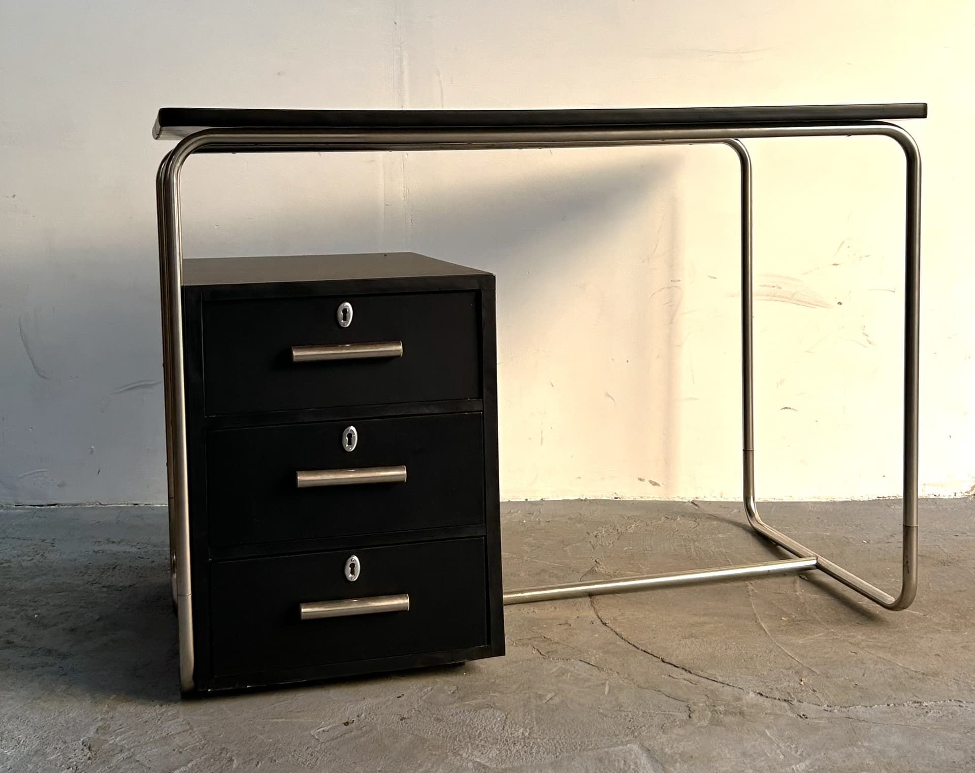 Desk Bauhaus, black wood, brushed silver steel, Poland, 1970s - 341742