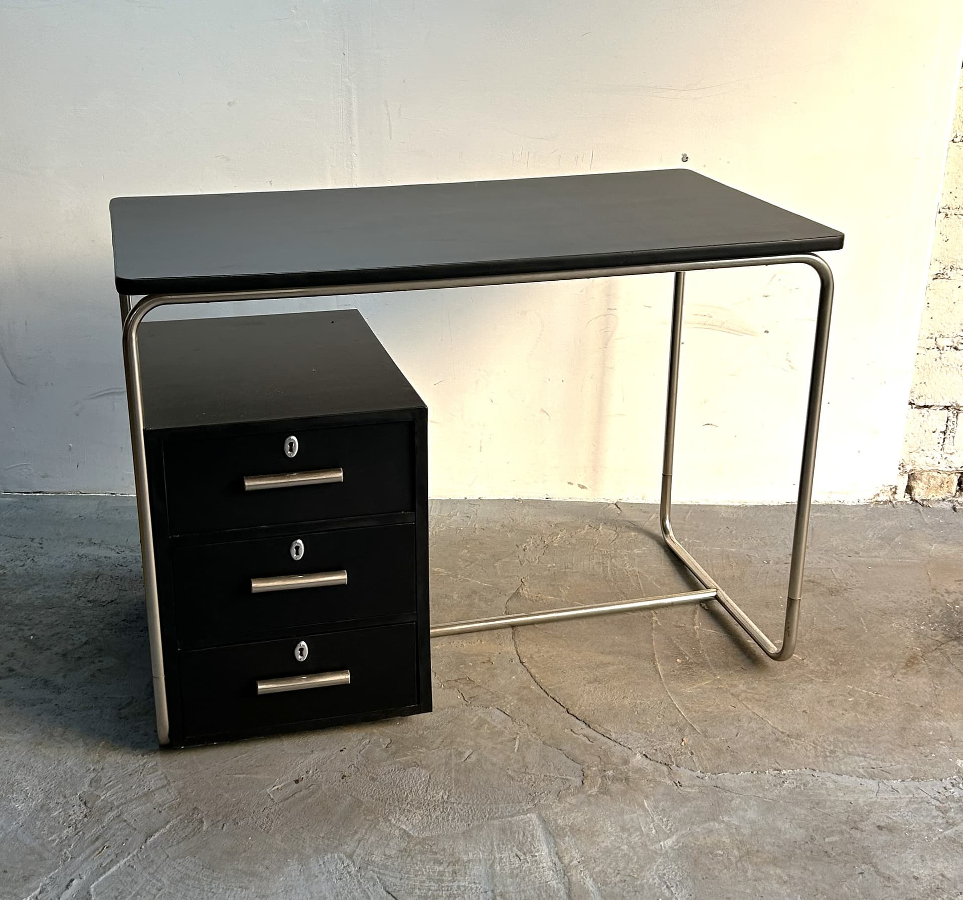 Desk Bauhaus, black wood, brushed silver steel, Poland, 1970s - 341743