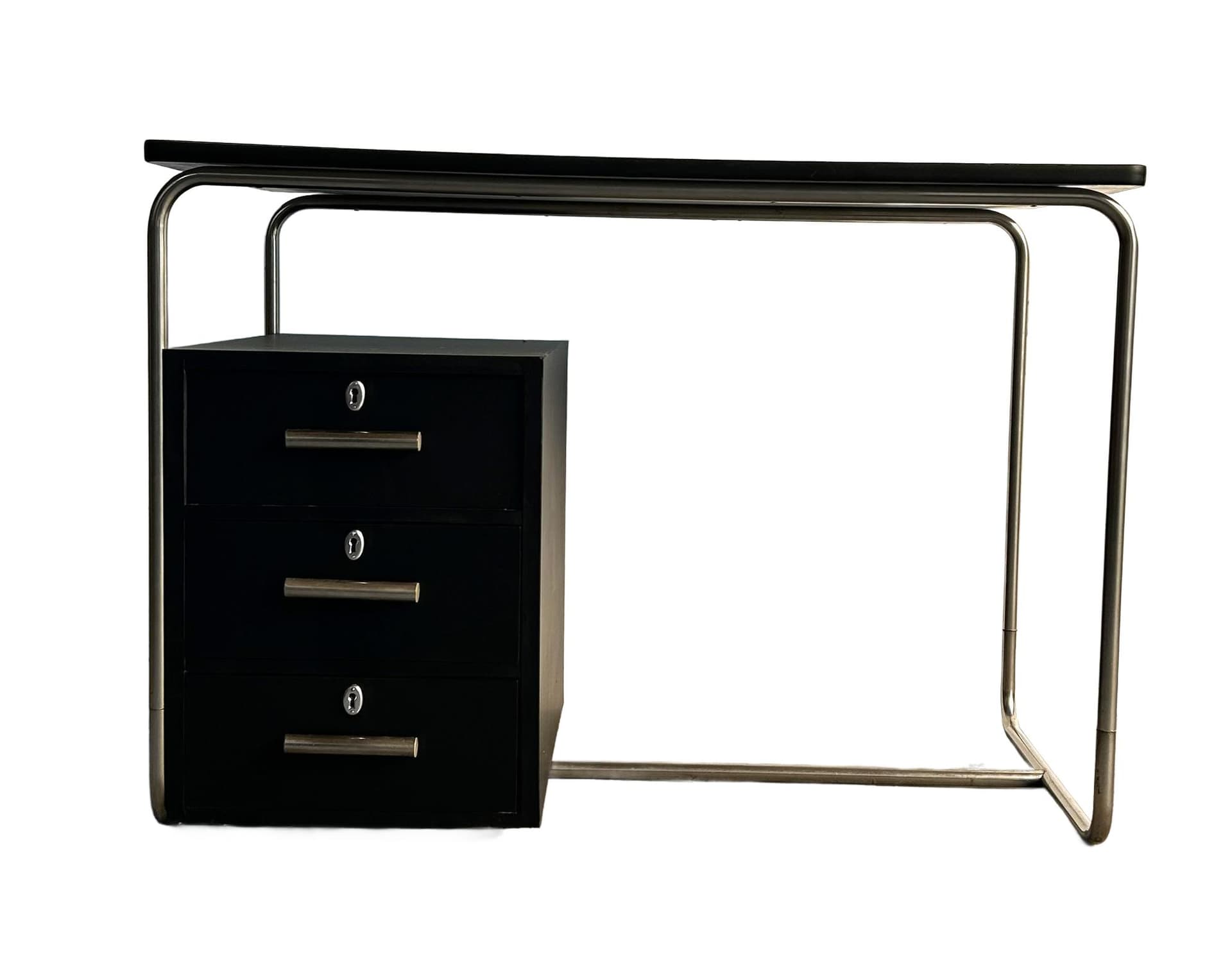 Desk Bauhaus, black wood, brushed silver steel, Poland, 1970s