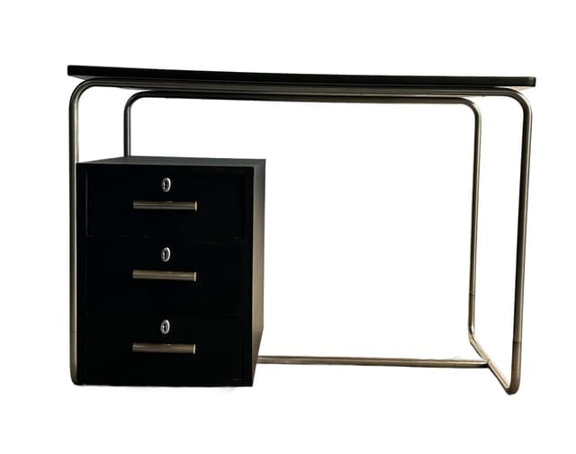 Desk Bauhaus, black wood, brushed silver steel, Poland, 1970s - DIMENSION