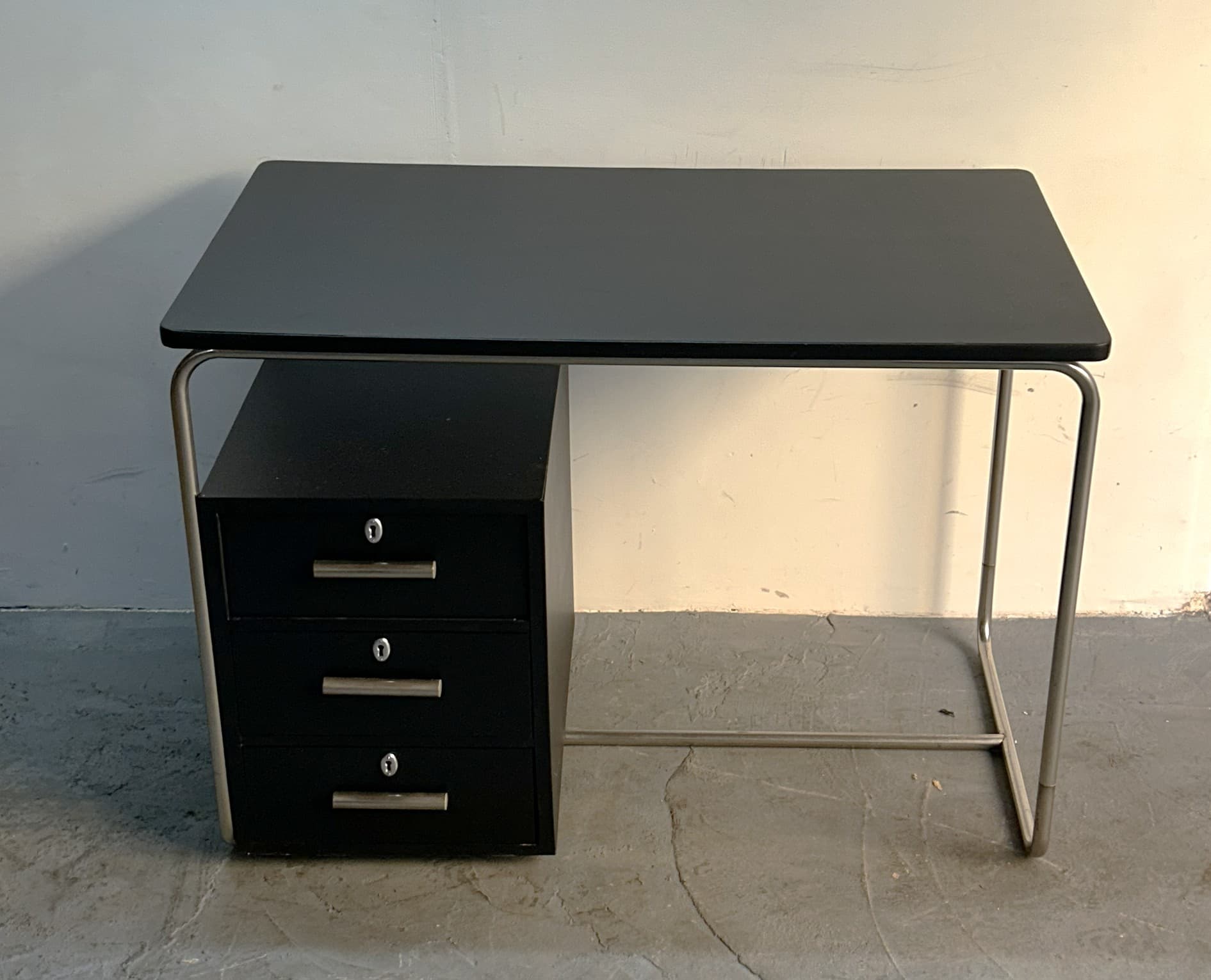 Desk Bauhaus, black wood, brushed silver steel, Poland, 1970s - 341740
