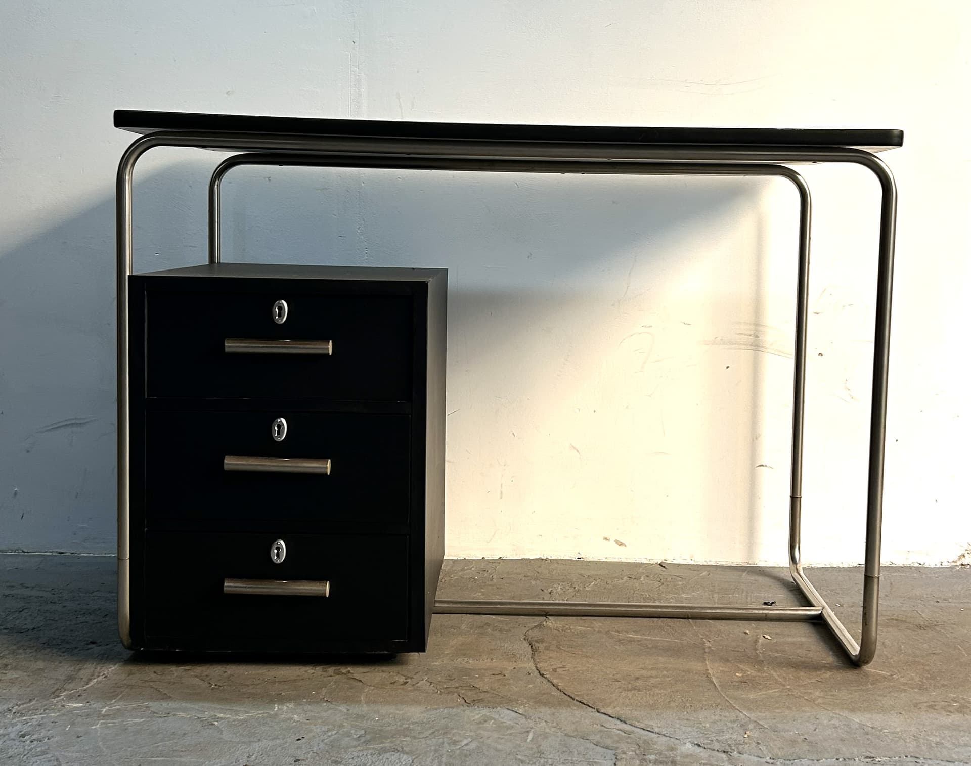 Desk Bauhaus, black wood, brushed silver steel, Poland, 1970s - 341741
