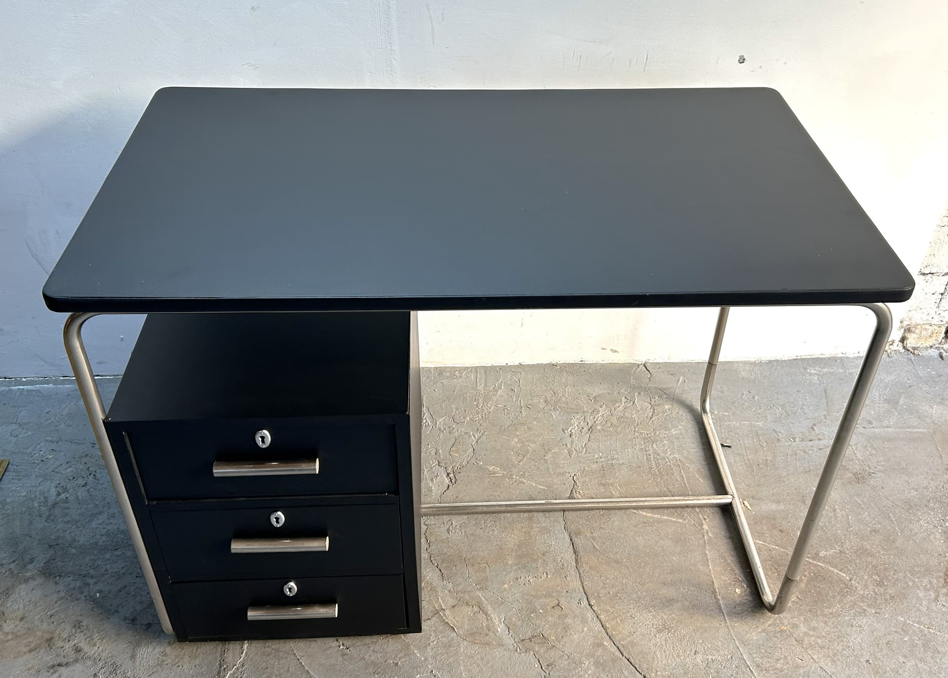 Desk Bauhaus, black wood, brushed silver steel, Poland, 1970s - 341744