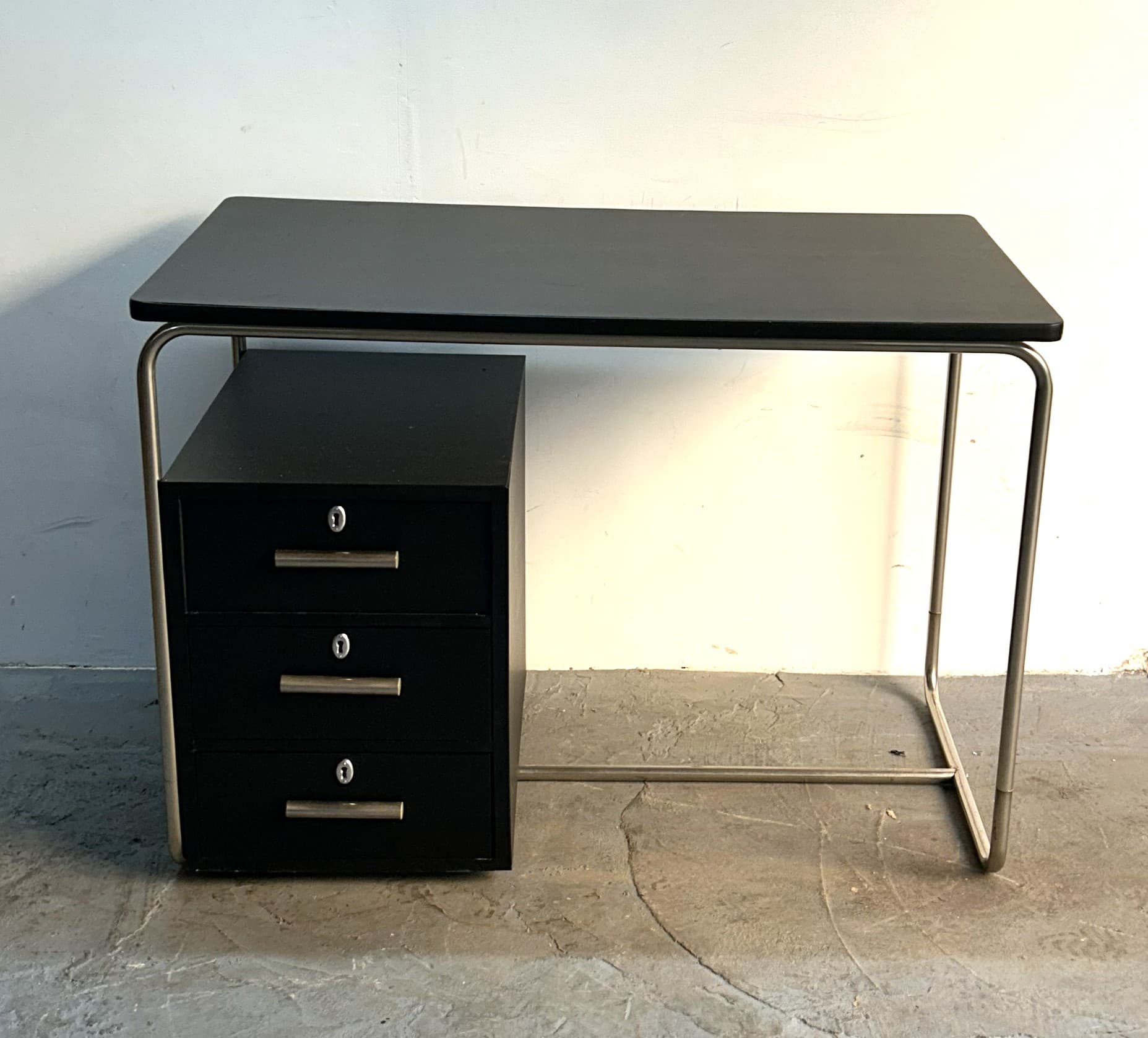 Desk Bauhaus, black wood, brushed silver steel, Poland, 1970s - 341739