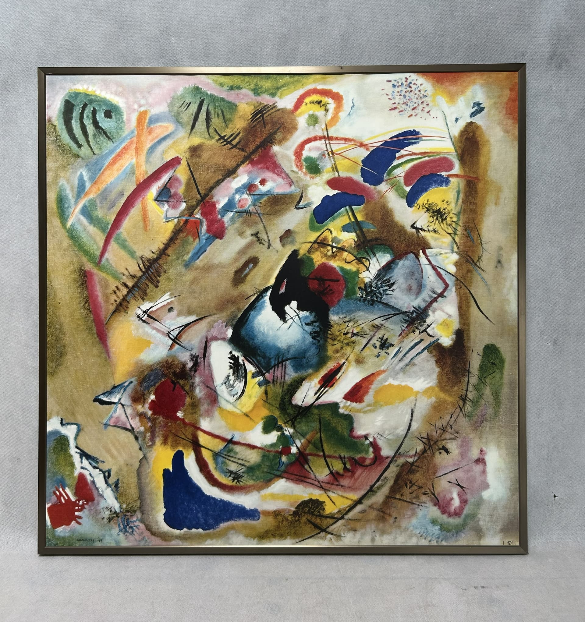 Framed Print Improvisation. Dreamy, multicolor, paper, brown metal frame, art. W. Kandinsky, 71x71 cm, early 20th c. - 341756