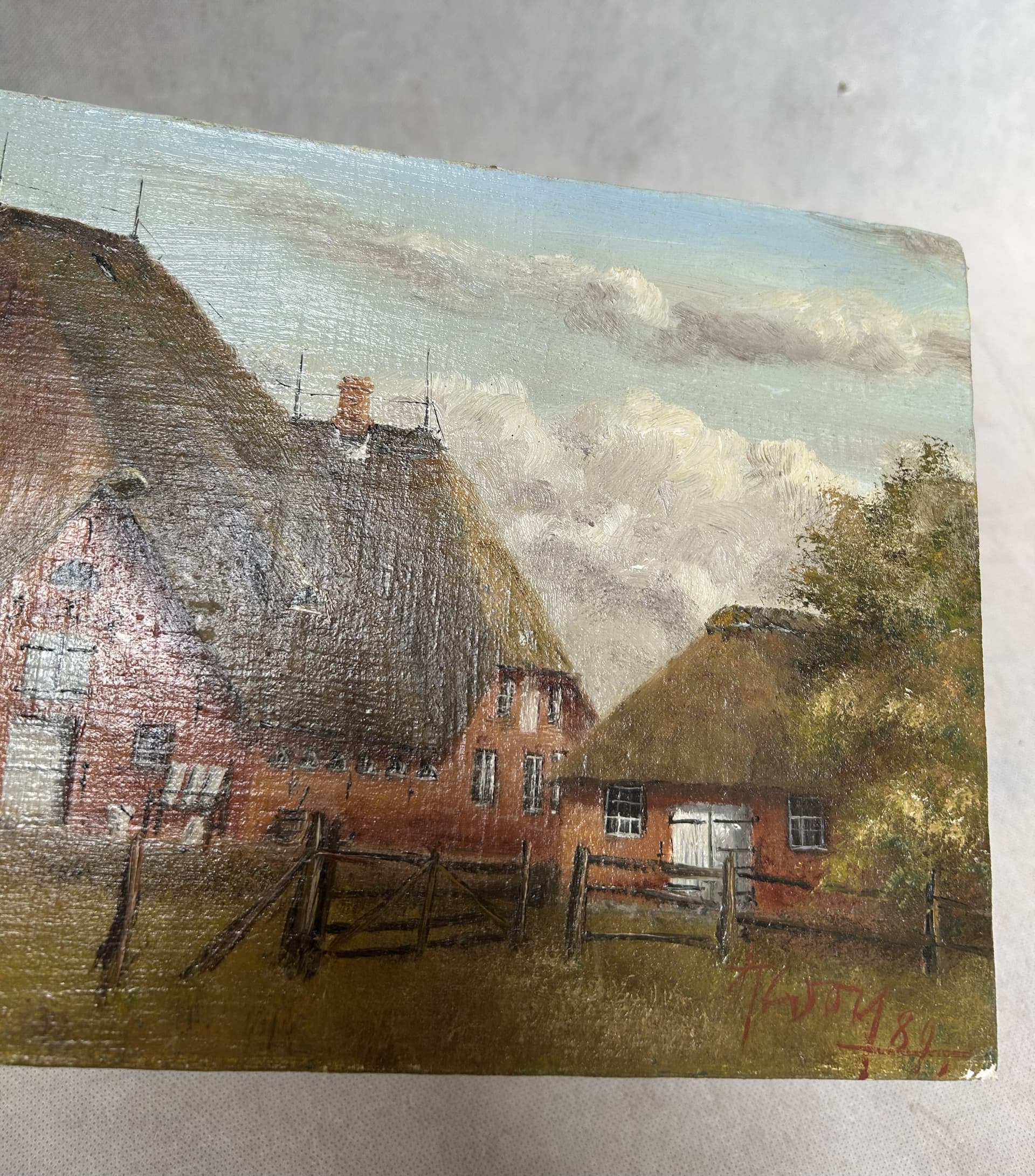 Obraz olejny, pejzaż, płótno brązowy zielony niebieski, drewno, lata 80., 40x19,5 cm - 341770