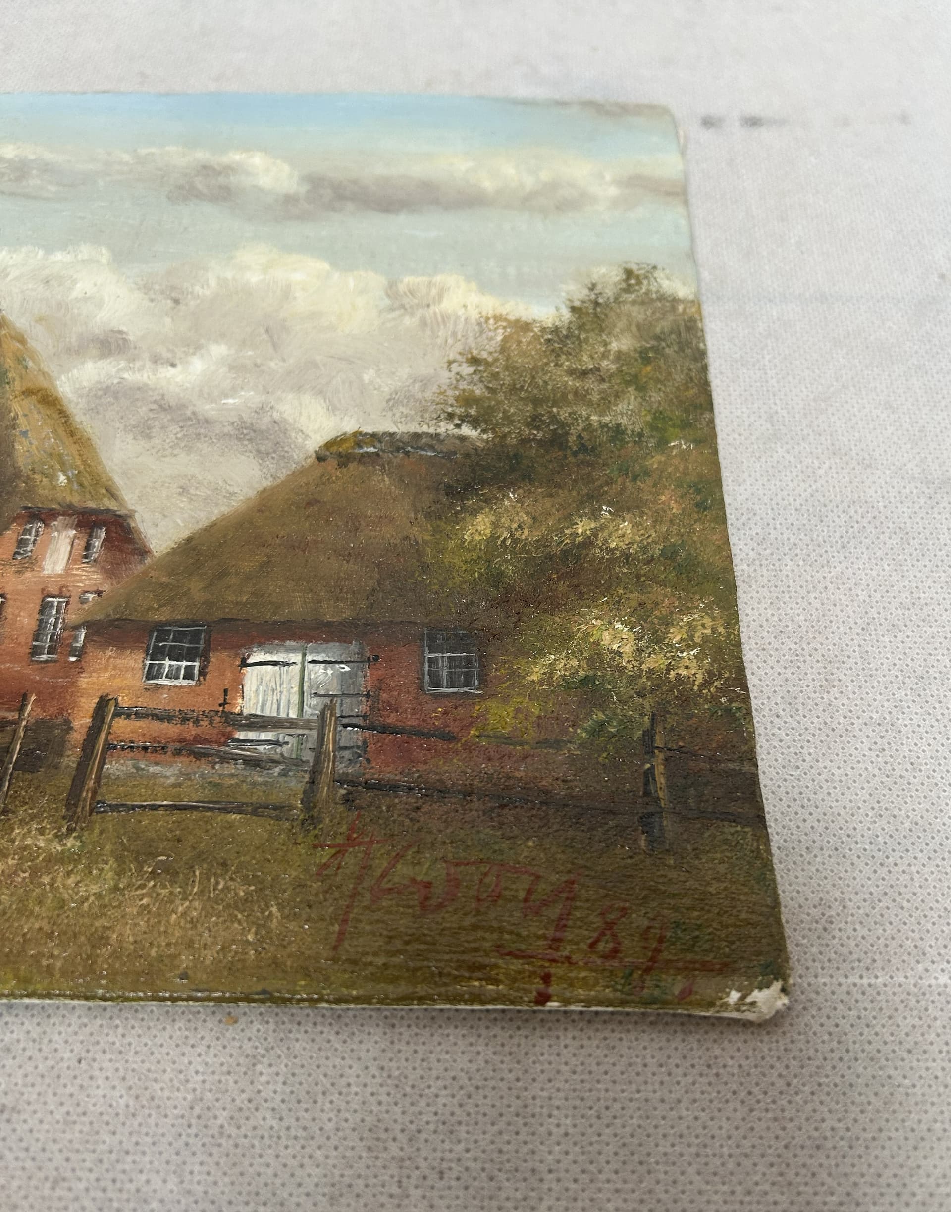 Obraz olejny, pejzaż, płótno brązowy zielony niebieski, drewno, lata 80., 40x19,5 cm - 341769