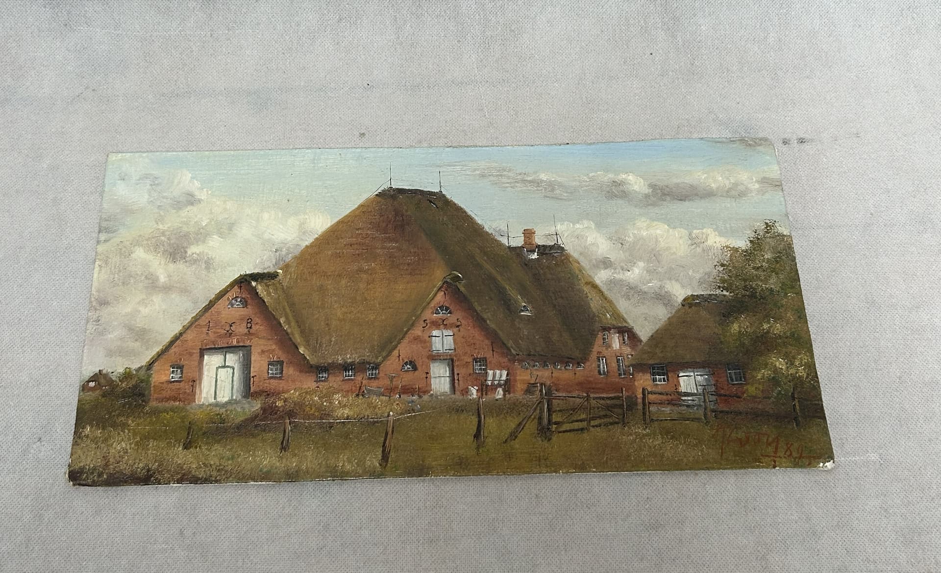 Obraz olejny, pejzaż, płótno brązowy zielony niebieski, drewno, lata 80., 40x19,5 cm - 341766