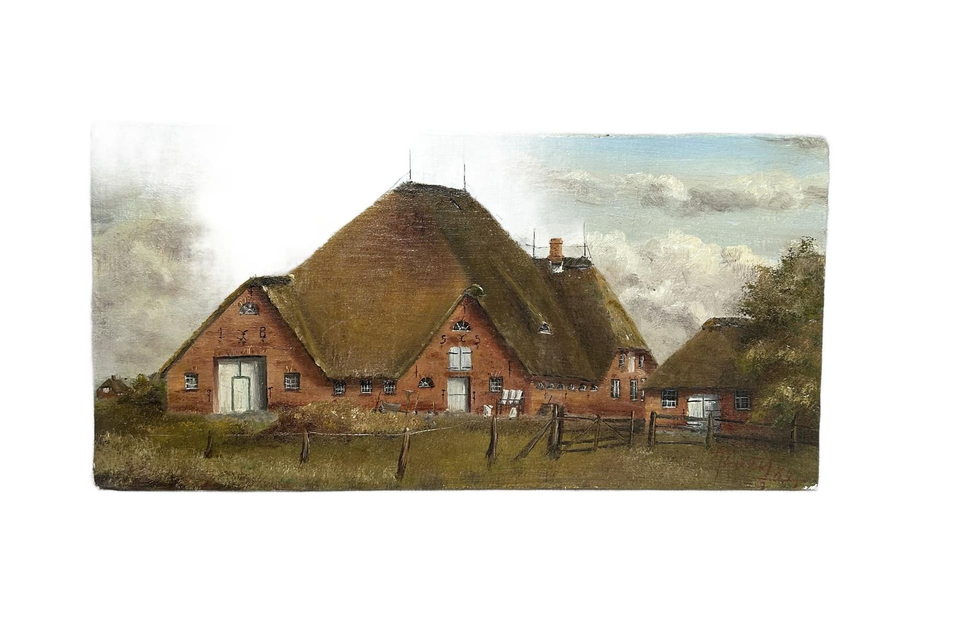 Obraz olejny, pejzaż, płótno brązowy zielony niebieski, drewno, lata 80., 40x19,5 cm