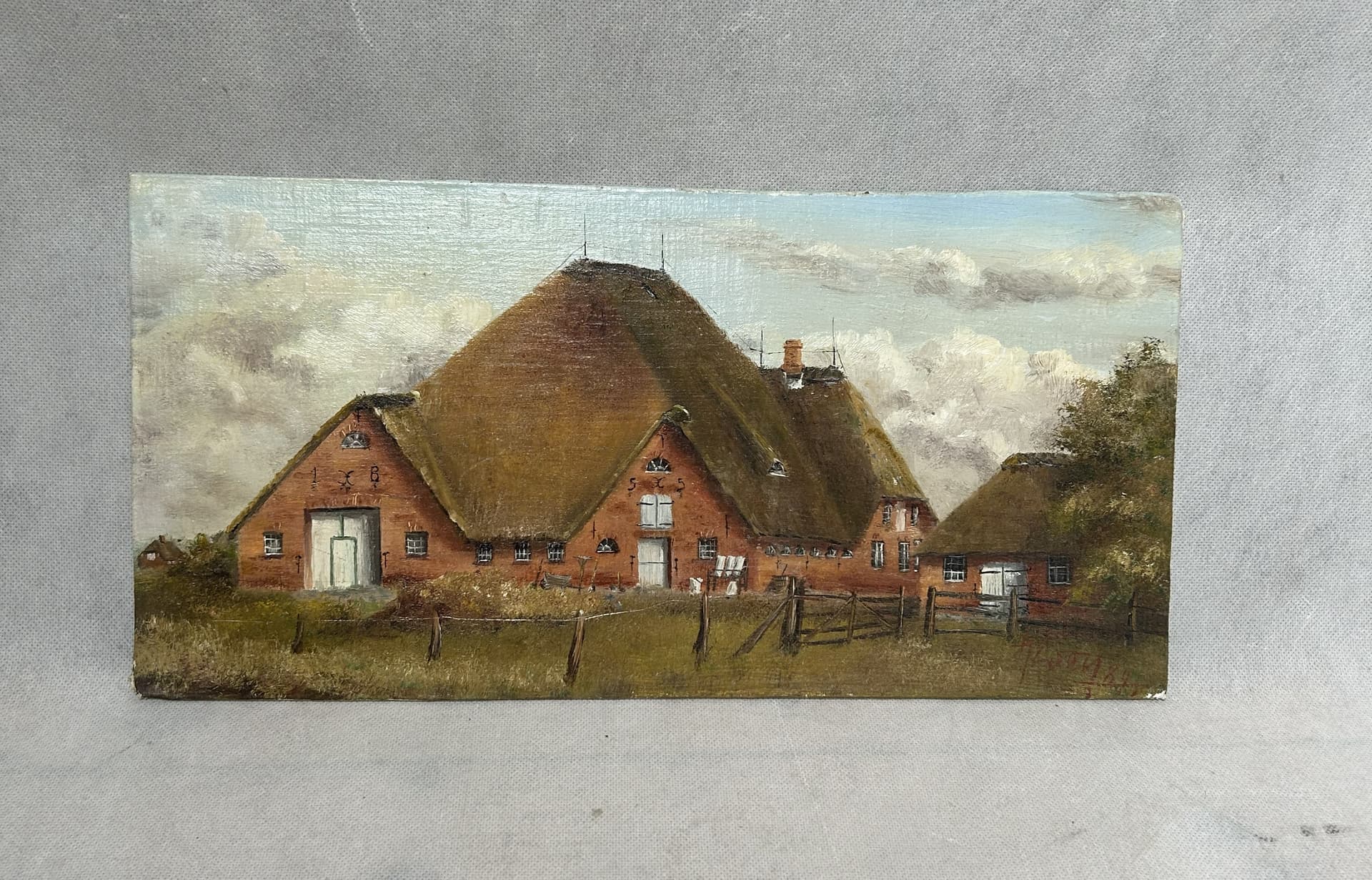 Obraz olejny, pejzaż, płótno brązowy zielony niebieski, drewno, lata 80., 40x19,5 cm - 341767