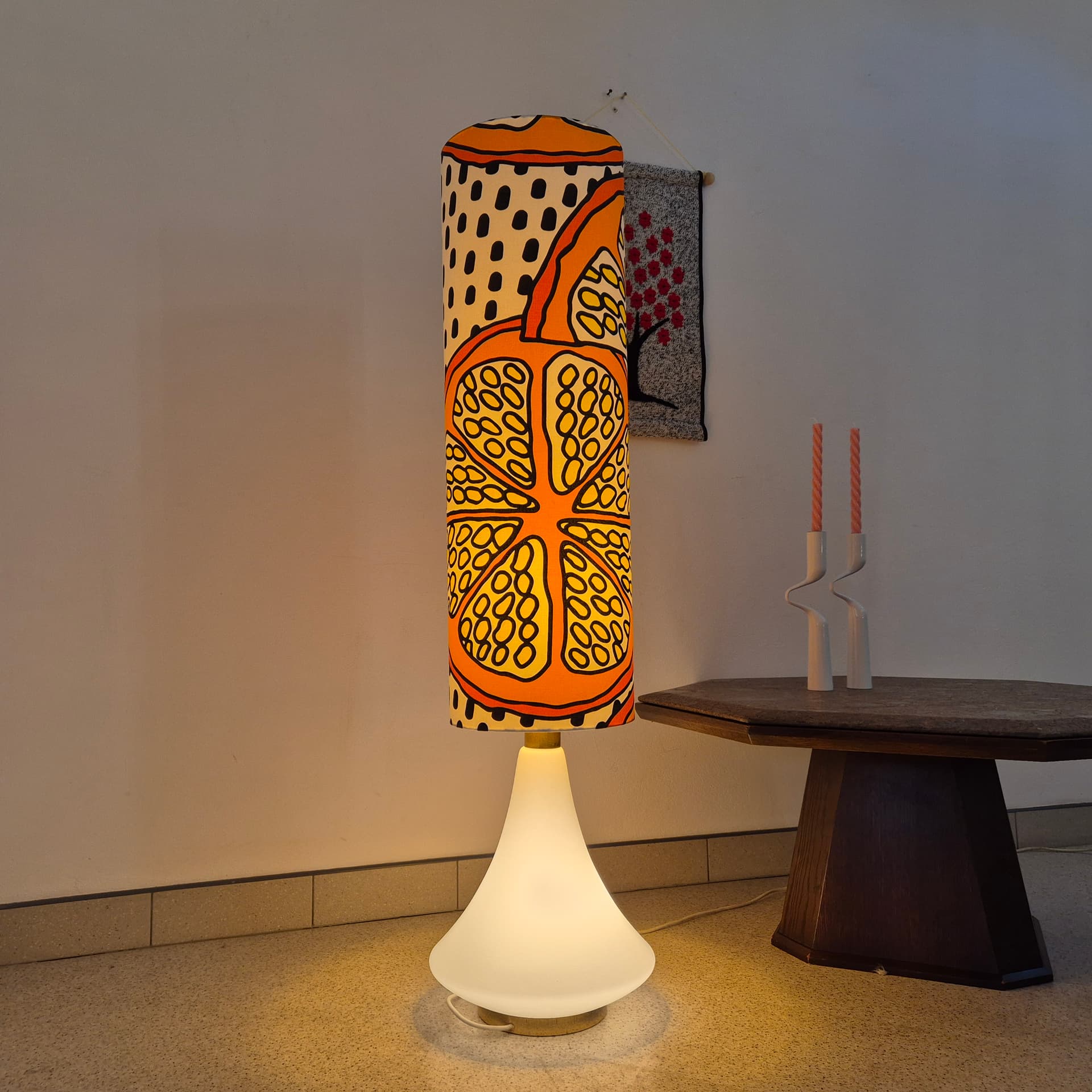 Floor lamp, orange yellow black white, white glass, brass, synthetic fabric, Doria Leuchten, Germany, 1960s. - 341872
