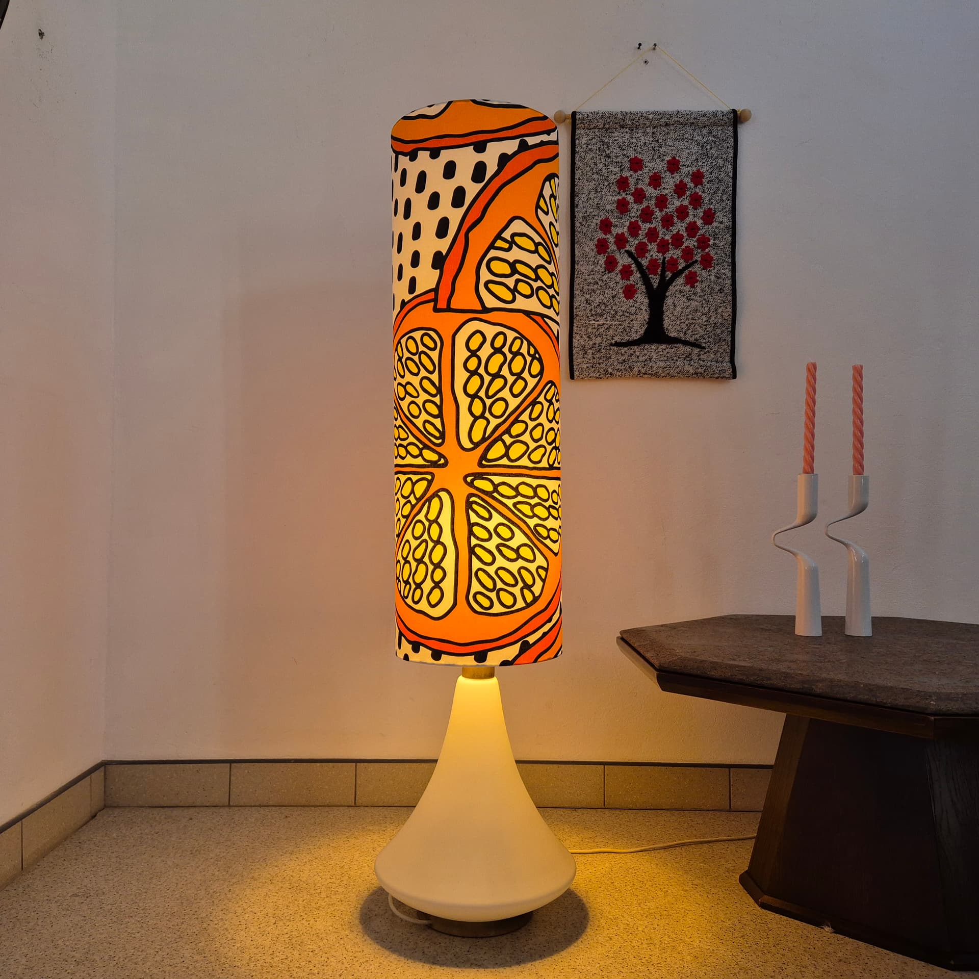 Floor lamp, orange yellow black white, white glass, brass, synthetic fabric, Doria Leuchten, Germany, 1960s. - 341876