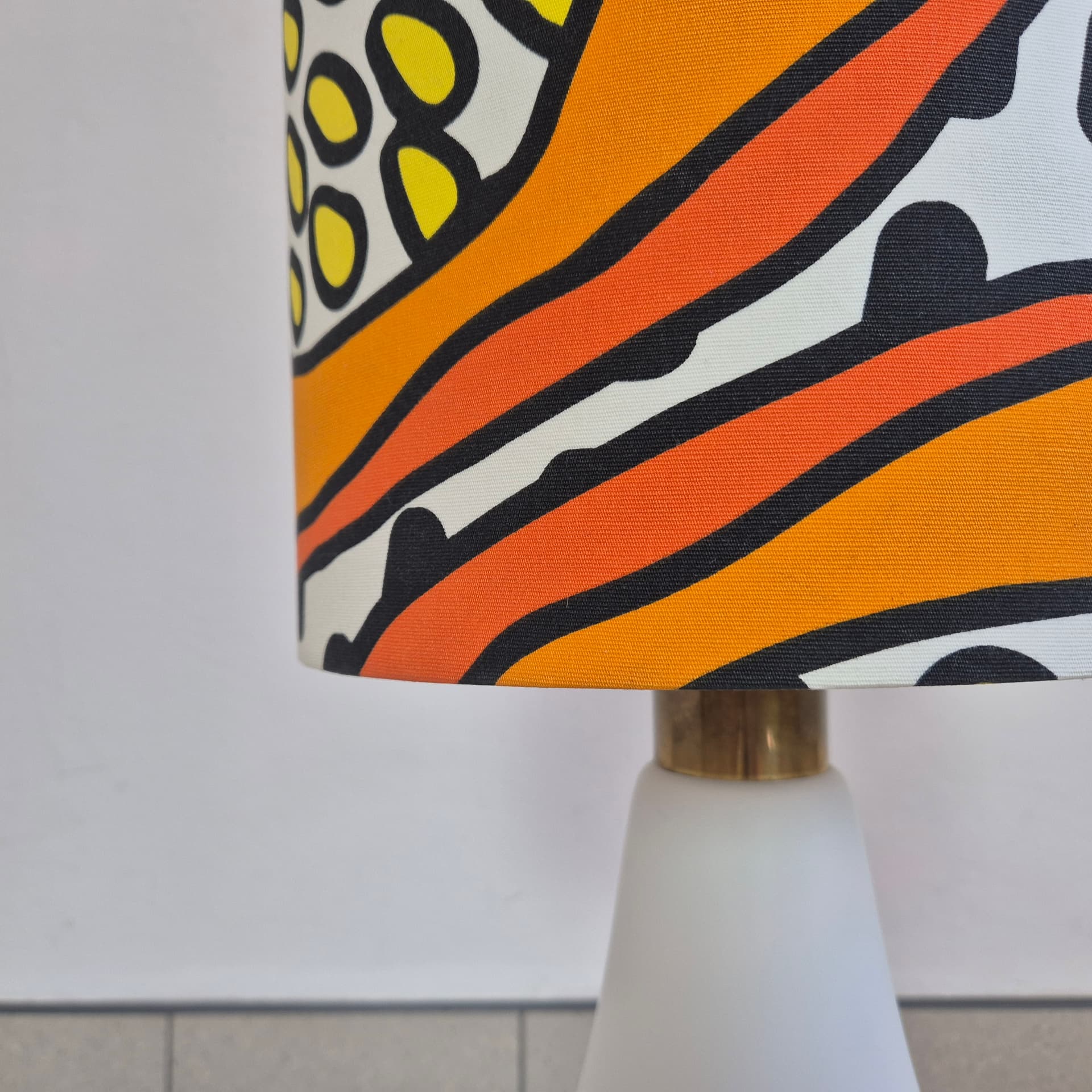 Floor lamp, orange yellow black white, white glass, brass, synthetic fabric, Doria Leuchten, Germany, 1960s. - 341873