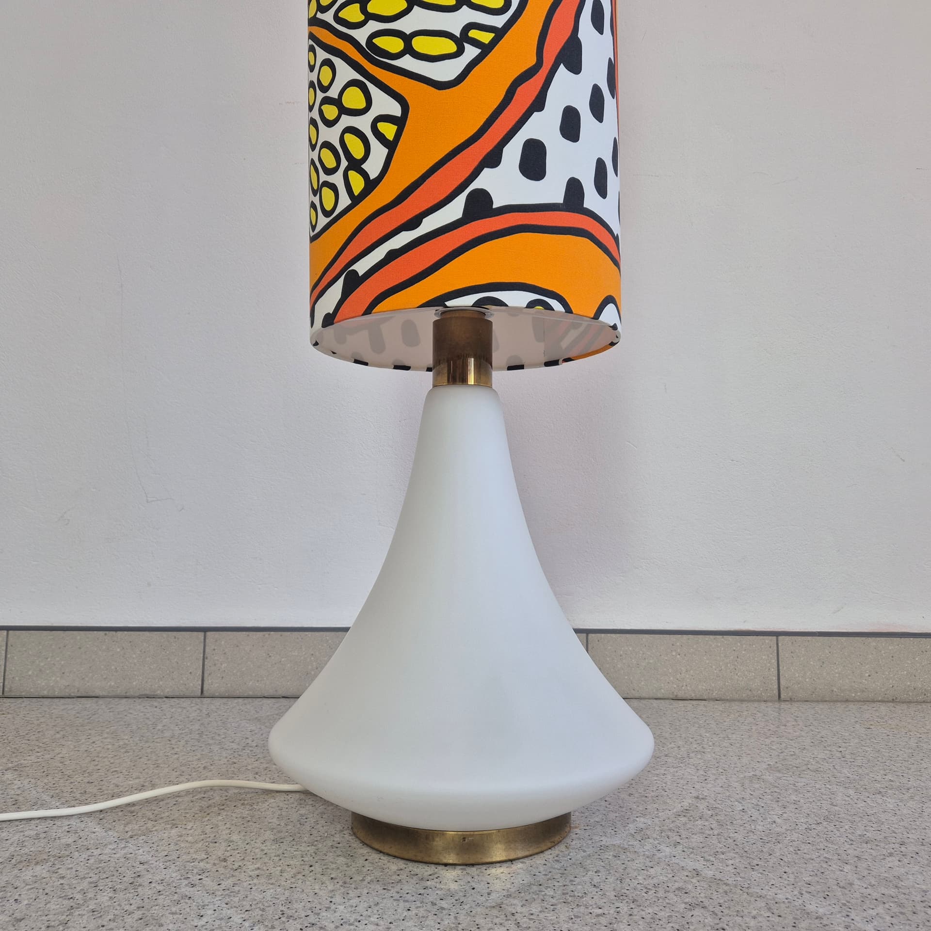 Floor lamp, orange yellow black white, white glass, brass, synthetic fabric, Doria Leuchten, Germany, 1960s. - 341869