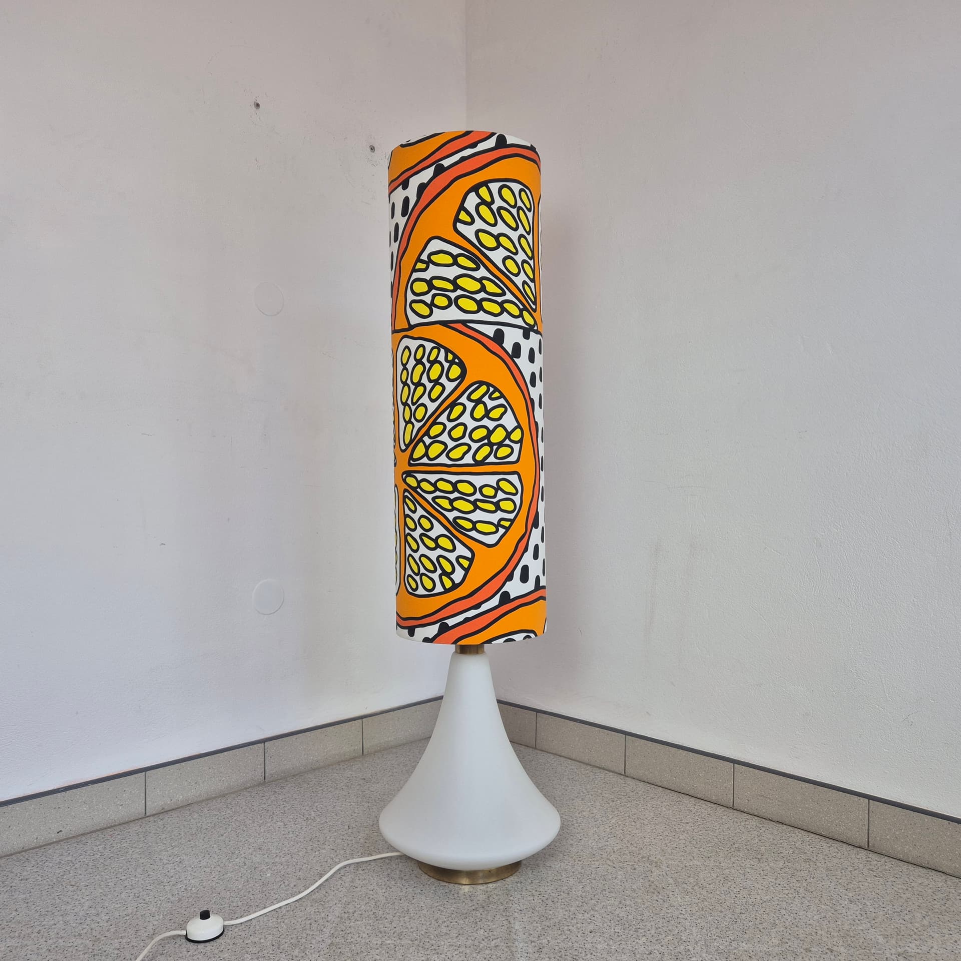 Floor lamp, orange yellow black white, white glass, brass, synthetic fabric, Doria Leuchten, Germany, 1960s. - 341878