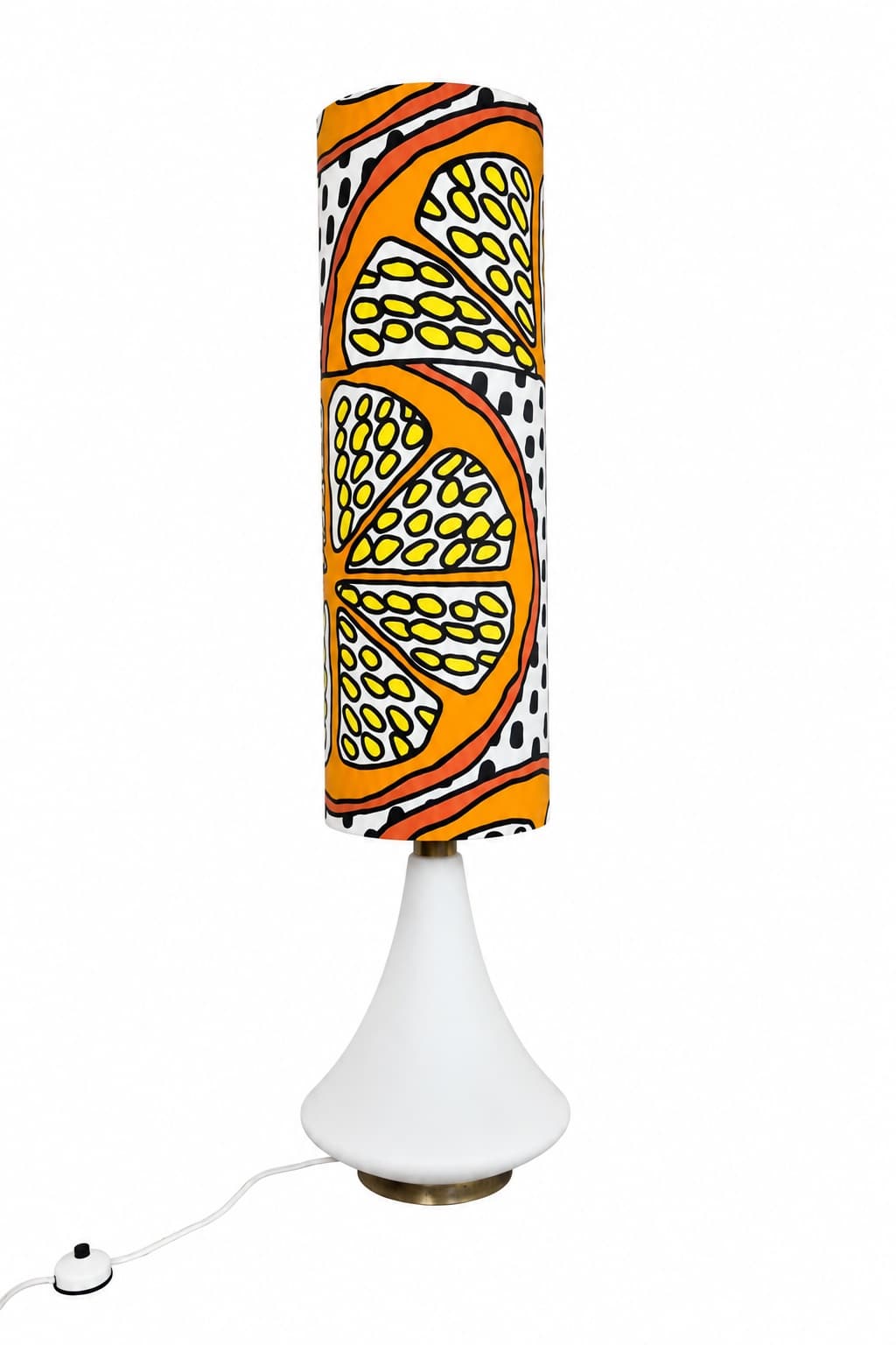 Floor lamp, orange yellow black white, white glass, brass, synthetic fabric, Doria Leuchten, Germany, 1960s.