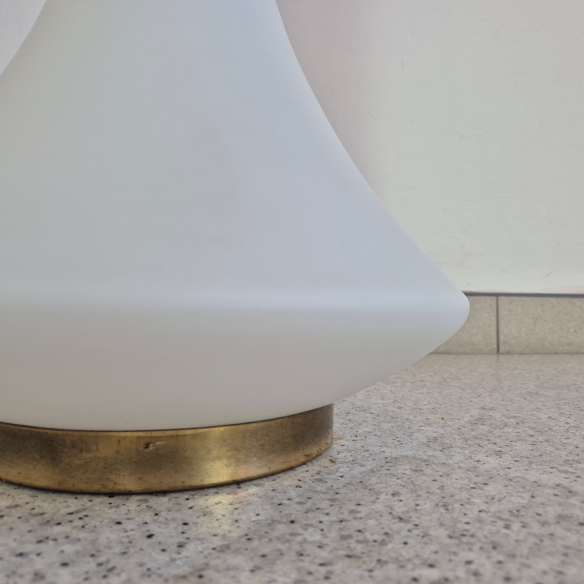 Floor lamp, orange yellow black white, white glass, brass, synthetic fabric, Doria Leuchten, Germany, 1960s. - 341866