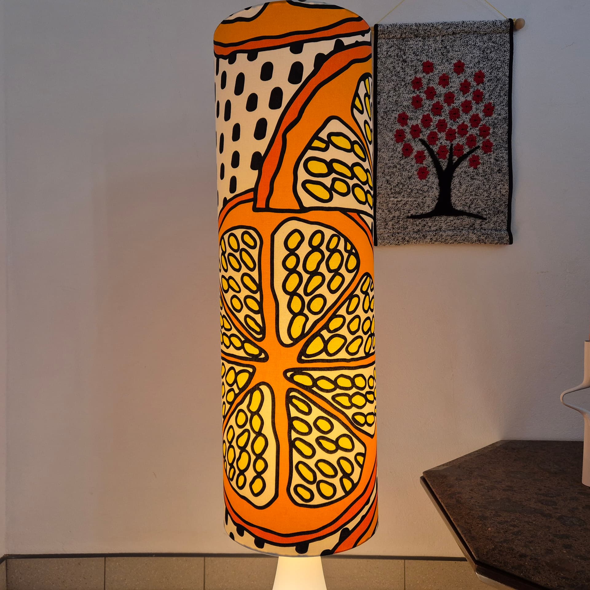 Floor lamp, orange yellow black white, white glass, brass, synthetic fabric, Doria Leuchten, Germany, 1960s. - 341877
