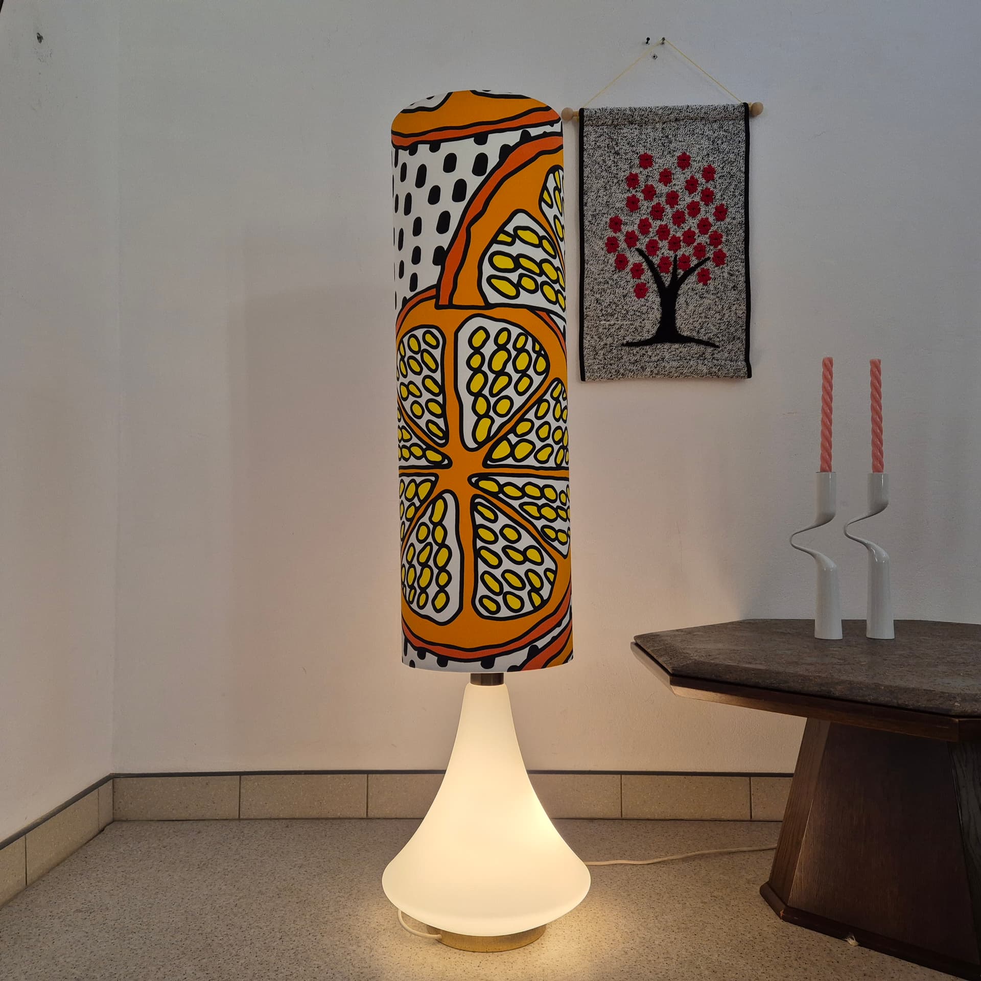 Floor lamp, orange yellow black white, white glass, brass, synthetic fabric, Doria Leuchten, Germany, 1960s. - 341874