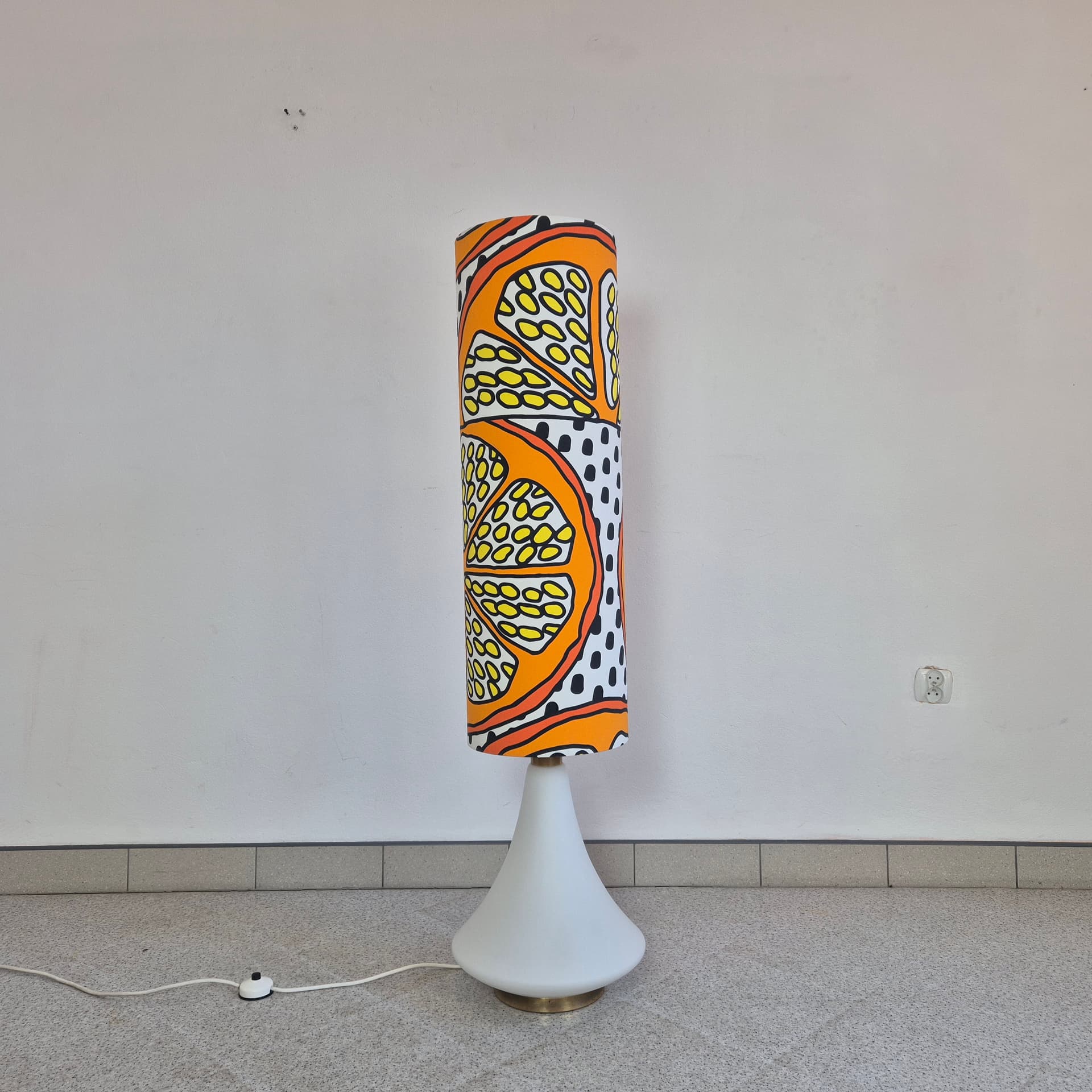 Floor lamp, orange yellow black white, white glass, brass, synthetic fabric, Doria Leuchten, Germany, 1960s. - 341868