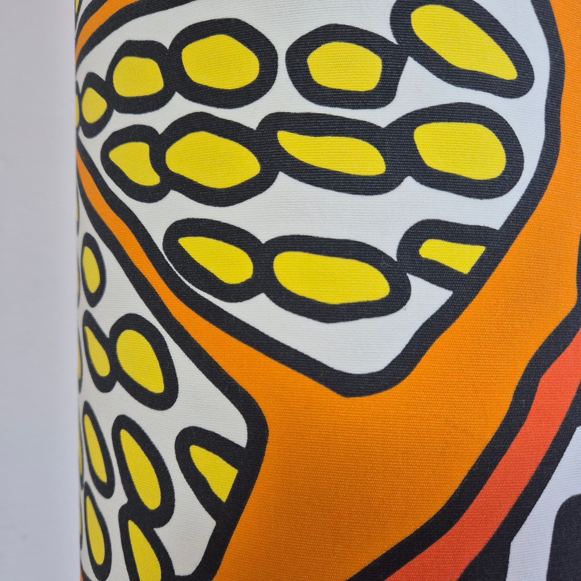 Floor lamp, orange yellow black white, white glass, brass, synthetic fabric, Doria Leuchten, Germany, 1960s. - 341875