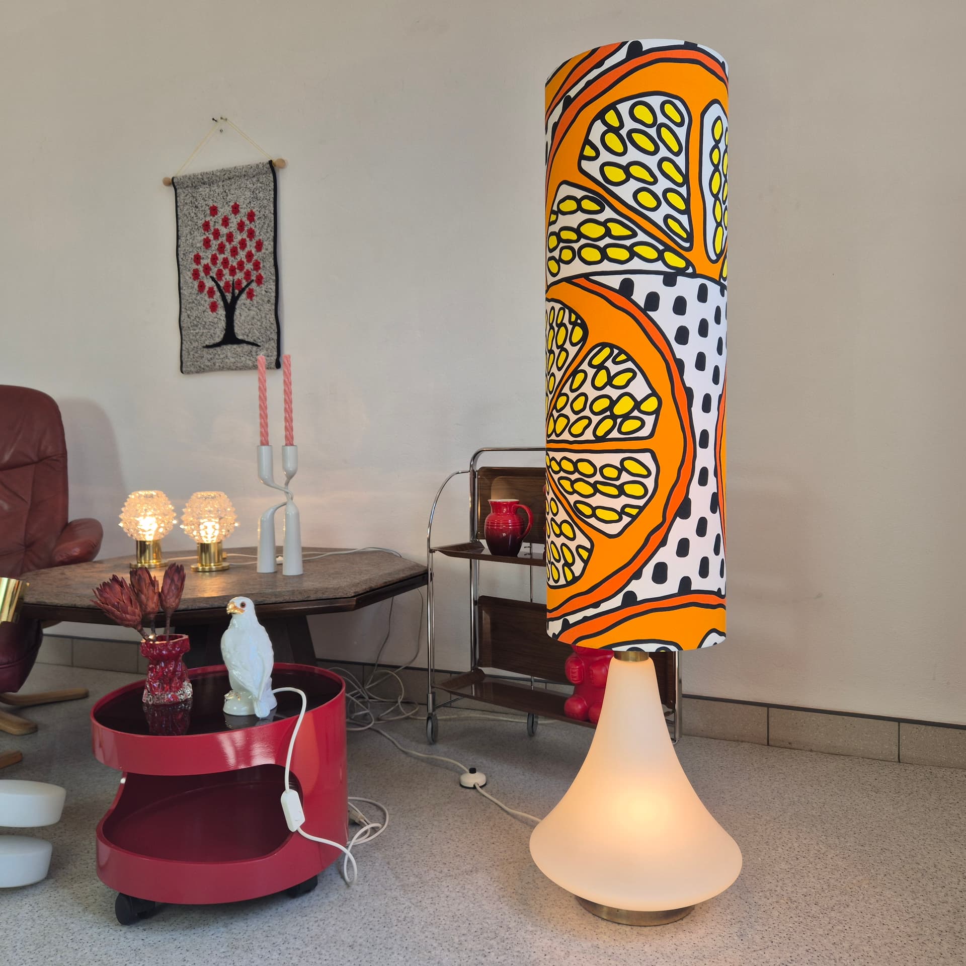 Floor lamp, orange yellow black white, white glass, brass, synthetic fabric, Doria Leuchten, Germany, 1960s. - 341870