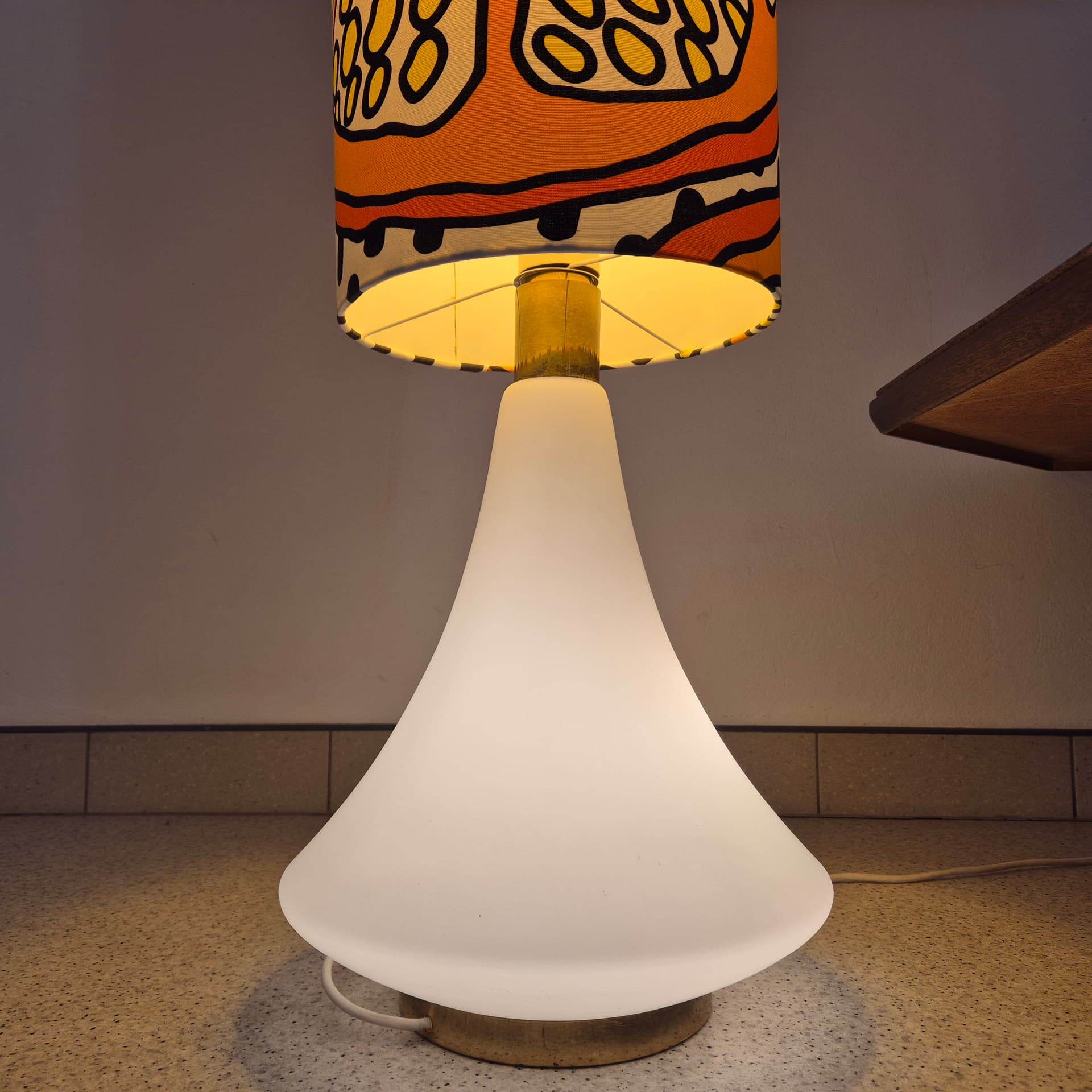 Floor lamp, orange yellow black white, white glass, brass, synthetic fabric, Doria Leuchten, Germany, 1960s. - 341871