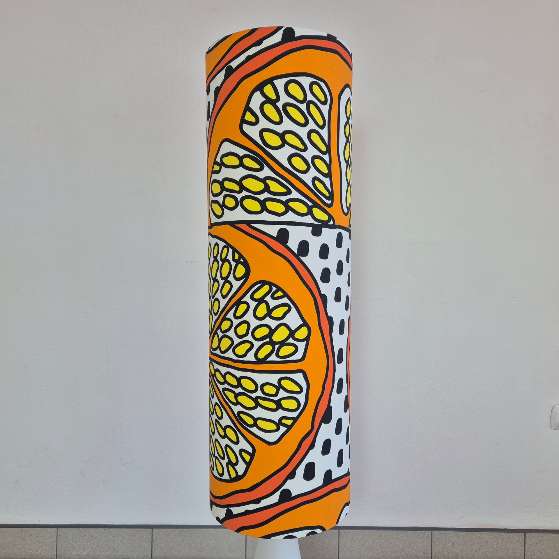 Floor lamp, orange yellow black white, white glass, brass, synthetic fabric, Doria Leuchten, Germany, 1960s. - 341867