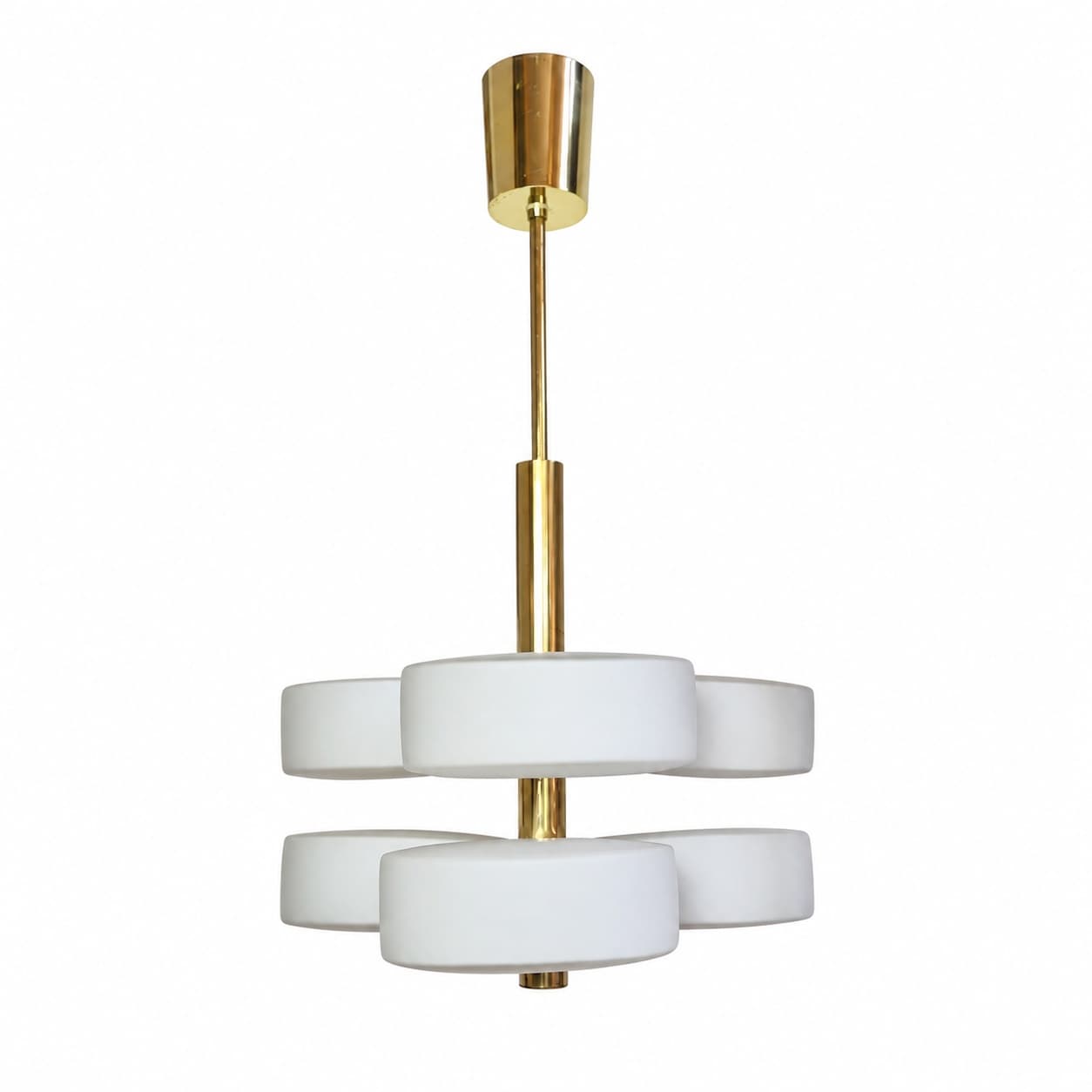 Lampa wisząca Sputnik, mosiądz złoty, szkło białe, Kaiser Leuchten, Niemcy, lata 60.