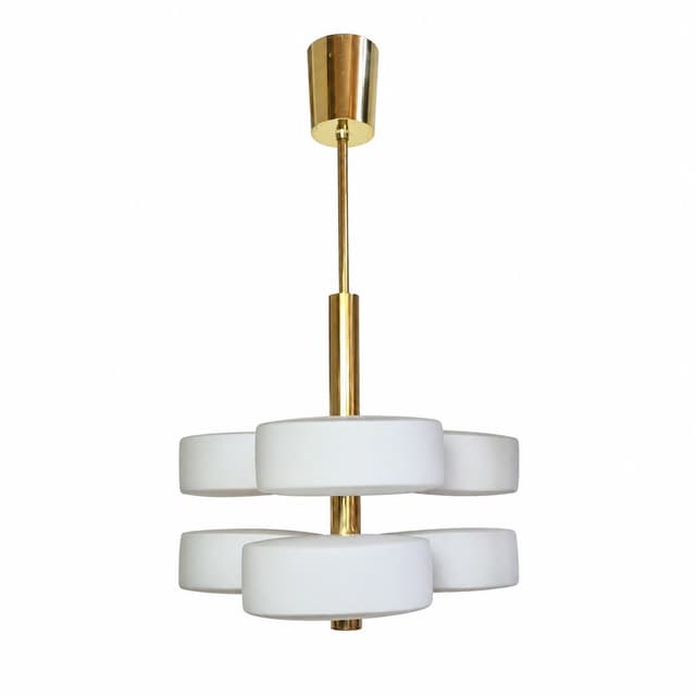 Lampa wisząca Sputnik, mosiądz złoty, szkło białe, Kaiser Leuchten, Niemcy, lata 60. - WYMIARY