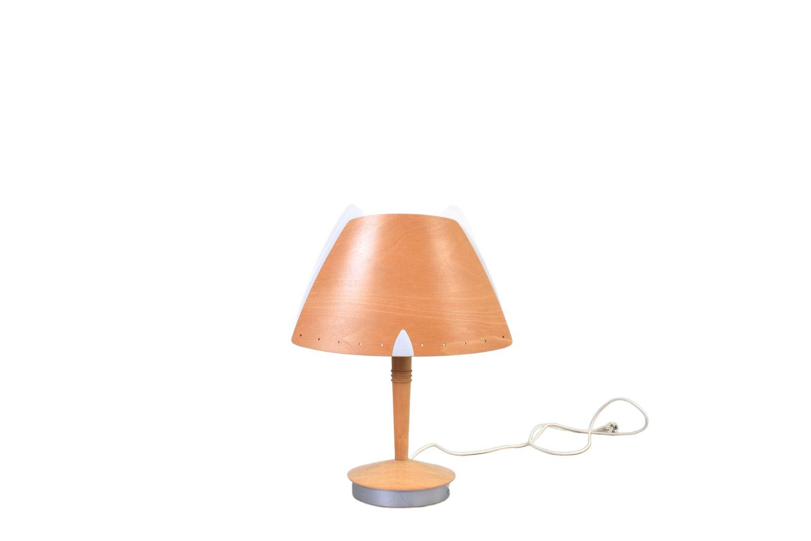 Lampa stołowa Harmonie, buk brązowy, akryl biały, metal szary, proj. S. Eriksen, Lucid, Francja, lata 90.