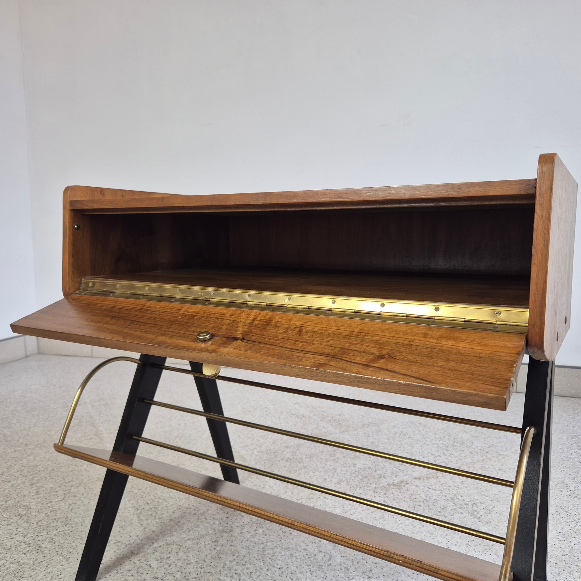 Audio Cabinet, brown veneer, brown wood, gold brass, Germany, 1960s. - 342122