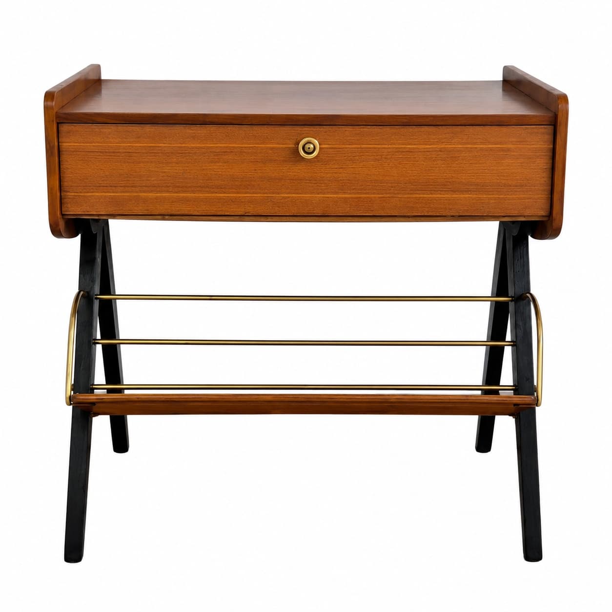 Audio Cabinet, brown veneer, brown wood, gold brass, Germany, 1960s.