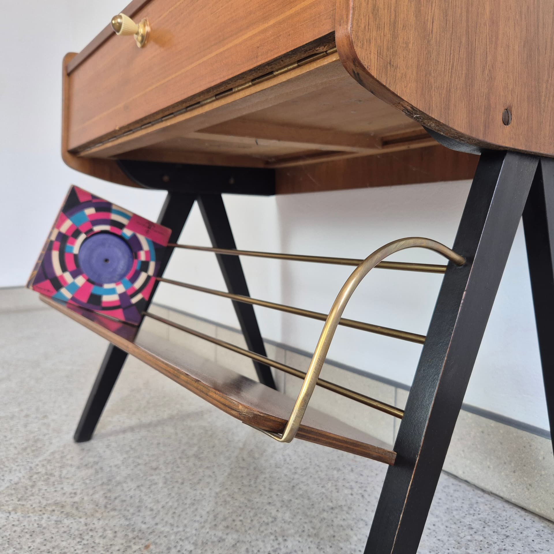 Audio Cabinet, brown veneer, brown wood, gold brass, Germany, 1960s. - 342119