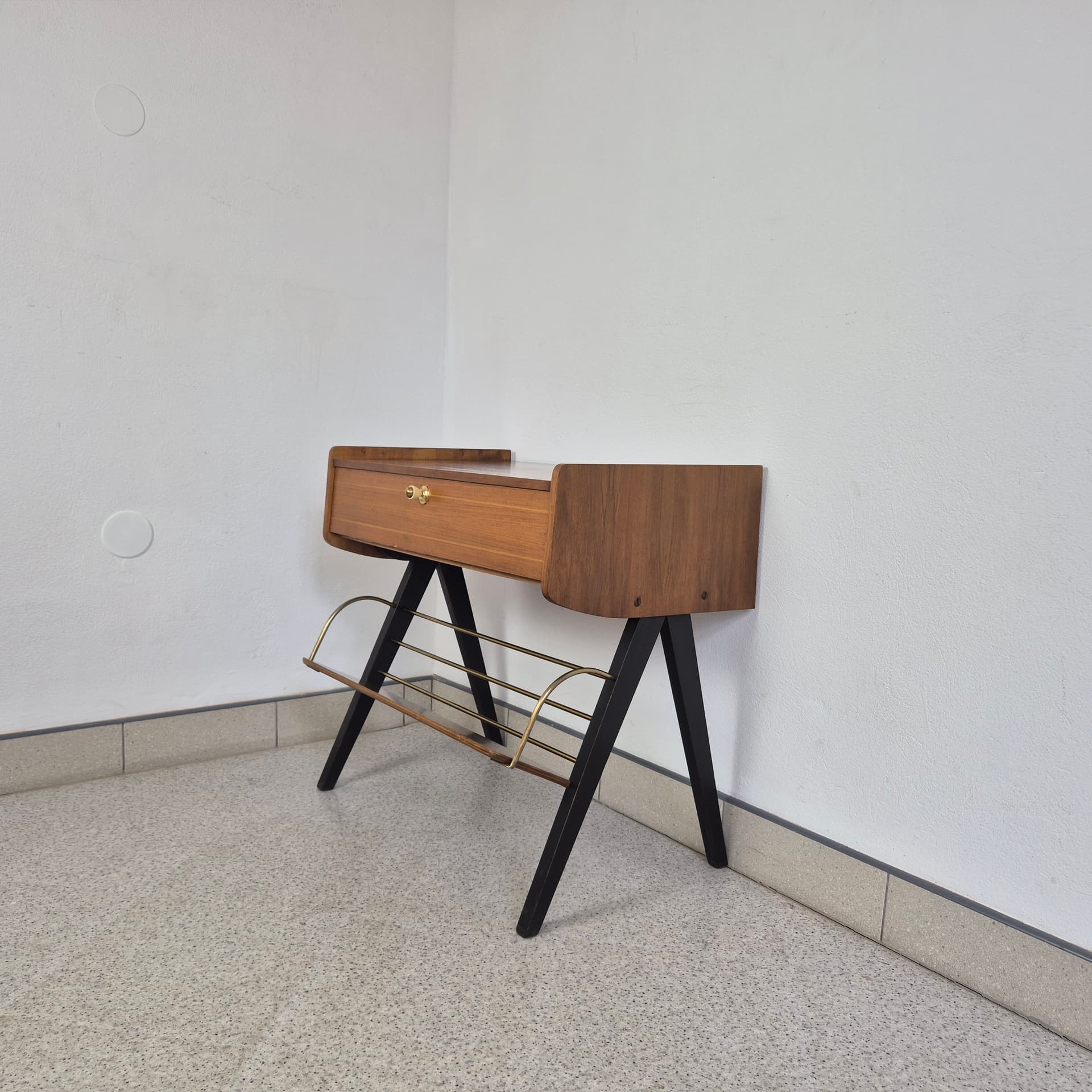 Audio Cabinet, brown veneer, brown wood, gold brass, Germany, 1960s. - 342121
