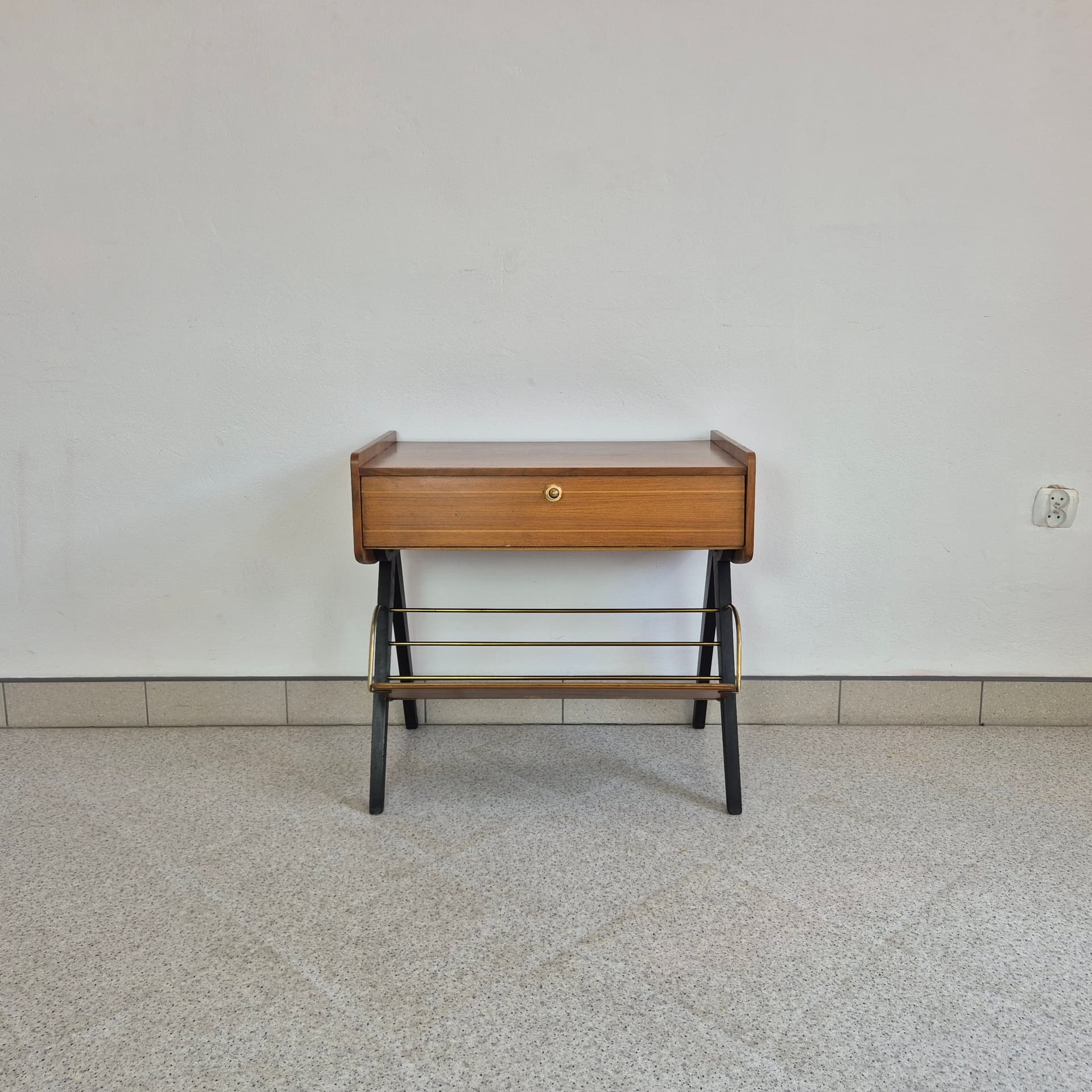 Audio Cabinet, brown veneer, brown wood, gold brass, Germany, 1960s. - 342117
