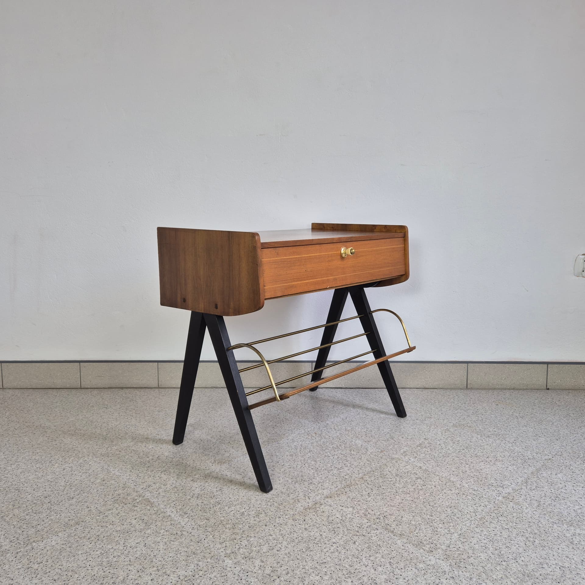 Audio Cabinet, brown veneer, brown wood, gold brass, Germany, 1960s. - 342118
