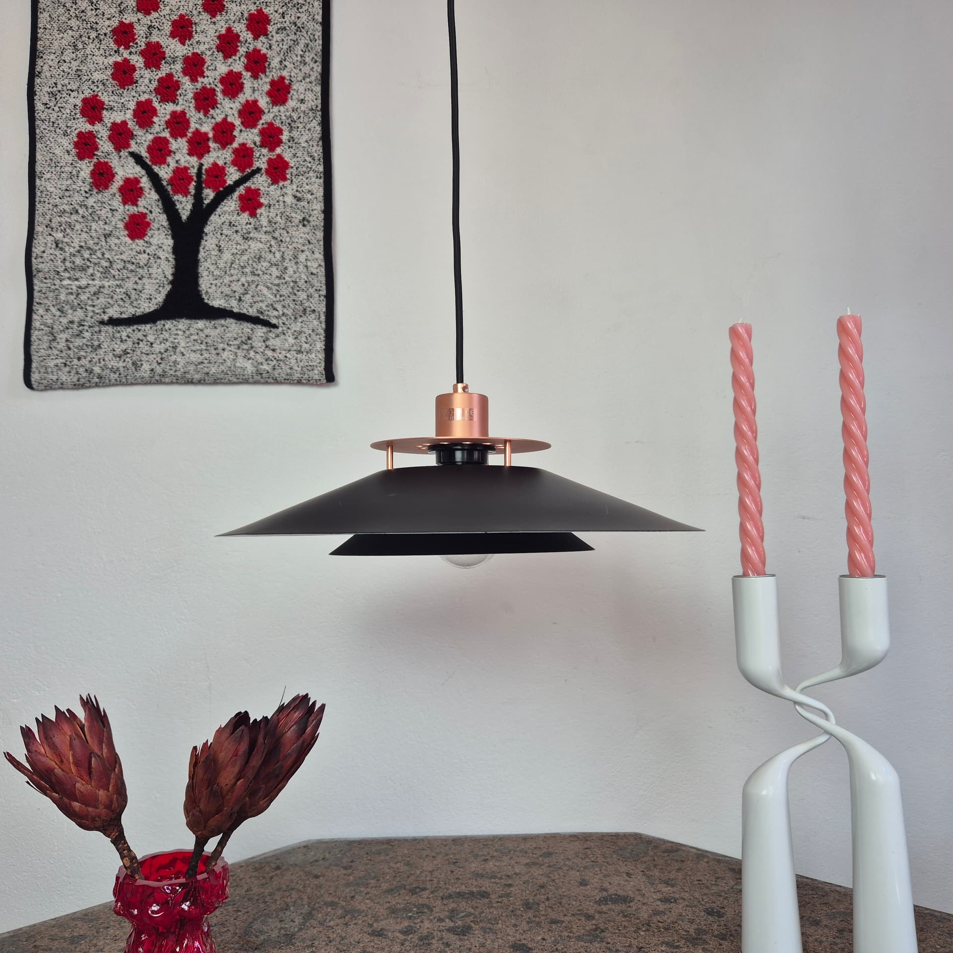 Lampa wisząca, piętrowa, metal czarny, miedź, Halo Design, Dania, lata 90. - 342130