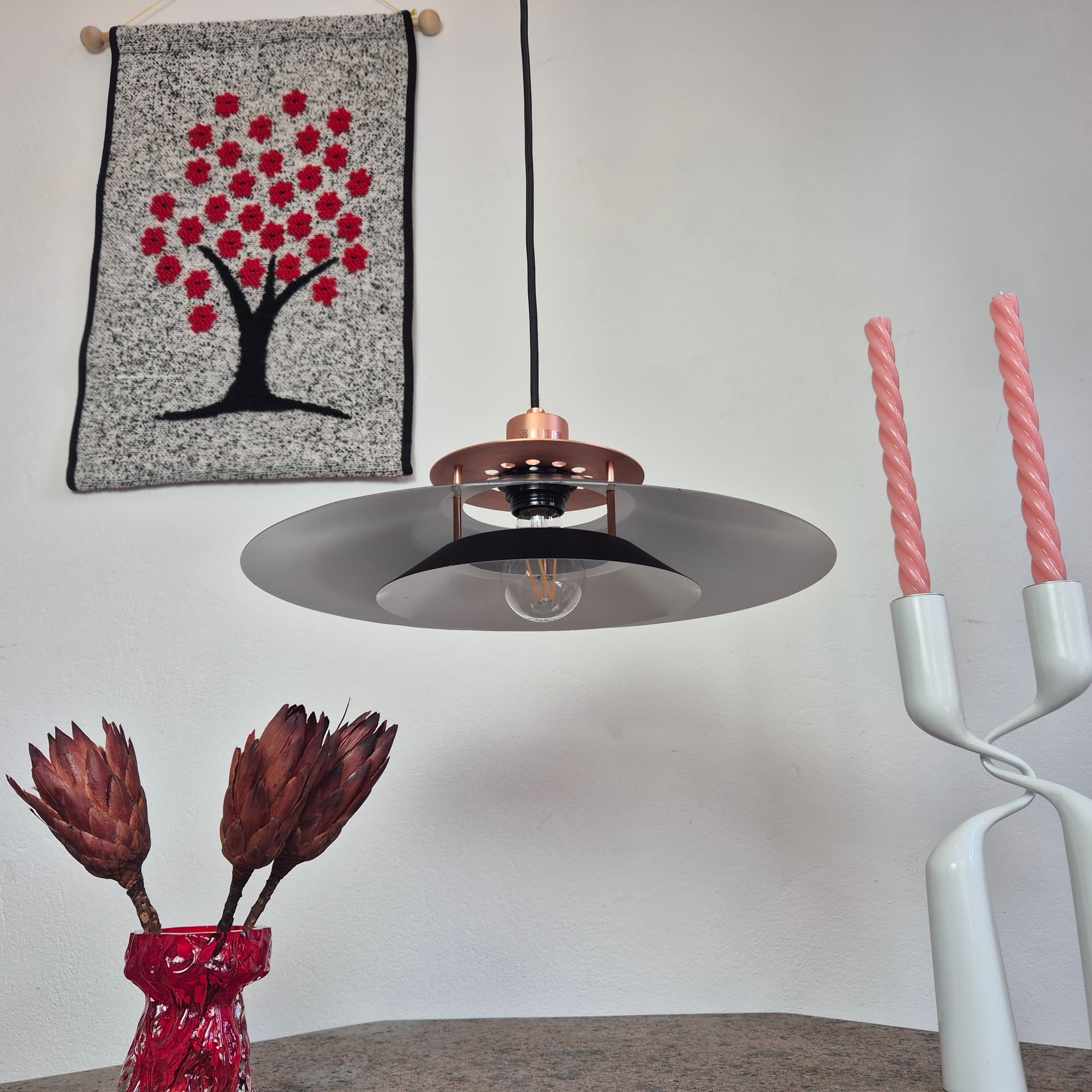 Lampa wisząca, piętrowa, metal czarny, miedź, Halo Design, Dania, lata 90. - 342132